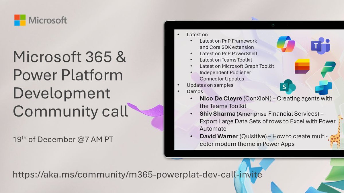 Vesa Juvonen (@vesajuvonen) on Twitter photo 📅 Agenda for the #Microsoft365dev & #PowerPlatform call 19th of December
• The latest updates
• Focus this time on #Copilot, #PowerAutomate & #PowerApps
• Presented by Shiv Sharma, <a href="/NicoDeCleyre/">Nico De Cleyre</a> and <a href="/Davidwarnerii/">David Warner II</a>
+ more 🚀
👋 Join the call → aka.ms/community/m365… 📅 Agenda for the #Microsoft365dev & #PowerPlatform call 19th of December
• The latest updates
• Focus this time on #Copilot, #PowerAutomate & #PowerApps
• Presented by Shiv Sharma, <a href="/NicoDeCleyre/">Nico De Cleyre</a> and <a href="/Davidwarnerii/">David Warner II</a>
+ more 🚀
👋 Join the call → aka.ms/community/m365…
