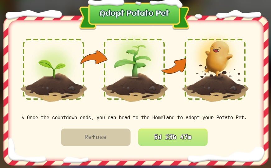 Got a potato pet

Available to everyone

Entering the experimental next generation of:

Interaction

Blockchain

Pokemon 

And on chain records