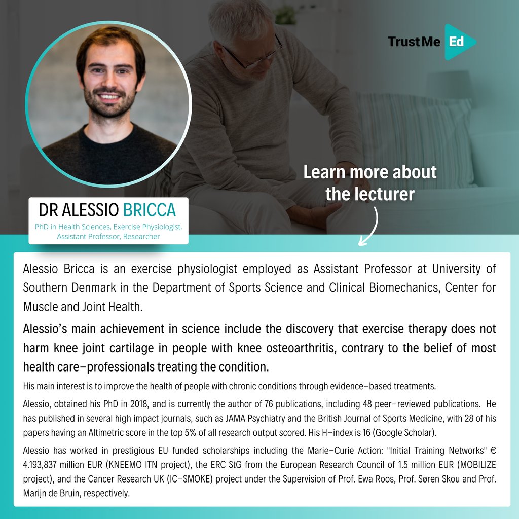 Nils Oudhuis (@trustmephysio) on Twitter photo 💻 We are pleased to announce that Dr. Alessio Bricca has recorded a lecture for Trust Me-Ed: Knee Osteoarthritis and Exercise Therapy. 🧽🦴
<a href="/a_bricca/">Alessio Bricca</a>
✅ Available now for Trust Me-Ed Members!
Watch the lecture here:
🔗 trustme-ed.com/lectures/knee-… 💻 We are pleased to announce that Dr. Alessio Bricca has recorded a lecture for Trust Me-Ed: Knee Osteoarthritis and Exercise Therapy. 🧽🦴
<a href="/a_bricca/">Alessio Bricca</a>
✅ Available now for Trust Me-Ed Members!
Watch the lecture here:
🔗 trustme-ed.com/lectures/knee-…