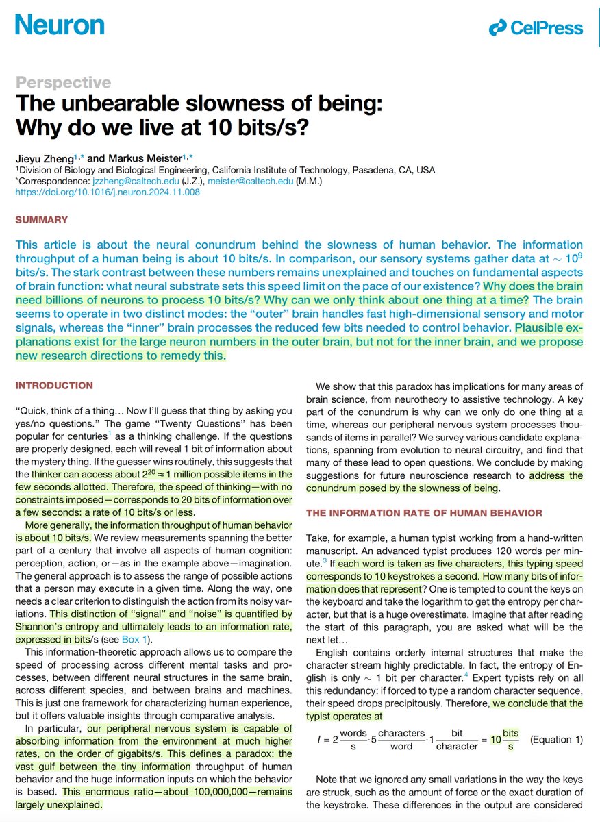 Eric Topol (@erictopol) on Twitter photo "Why does the brain need billions of neurons to process 10 bits/second? Why can we only think about one thing at a time?"
by <a href="/jieyusz/">Jieyu Zheng</a> and <a href="/mameister4/">Markus Meister</a> <a href="/Caltech/">Caltech</a> <a href="/NeuroCellPress/">Neuron</a> cell.com/neuron/fulltex… "Why does the brain need billions of neurons to process 10 bits/second? Why can we only think about one thing at a time?"
by <a href="/jieyusz/">Jieyu Zheng</a> and <a href="/mameister4/">Markus Meister</a> <a href="/Caltech/">Caltech</a> <a href="/NeuroCellPress/">Neuron</a> cell.com/neuron/fulltex…