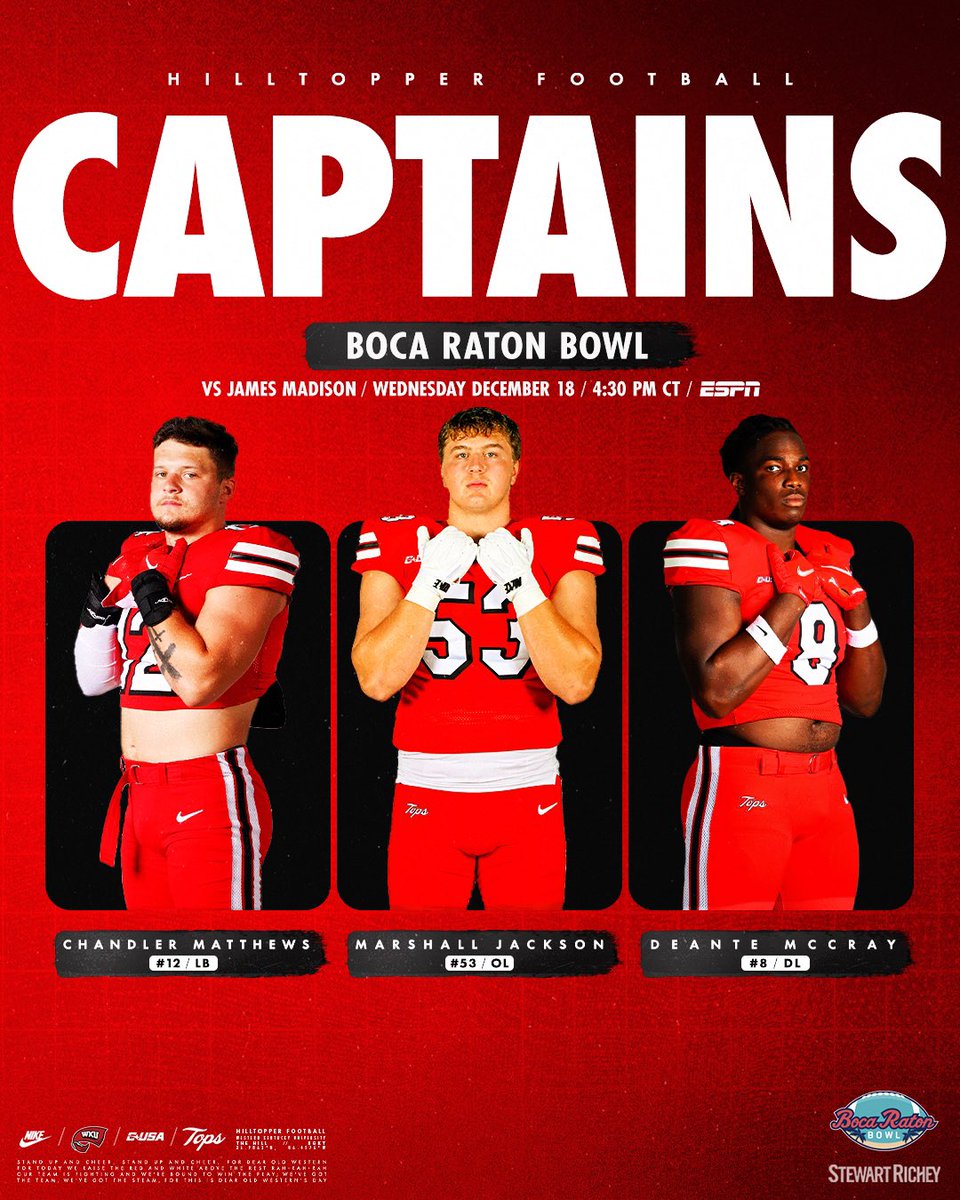 WKU Football (@wkufootball) on Twitter photo Boca Raton Bowl Captains 🫡
🌟 <a href="/Cmatthews_12/">Chandler Matthews</a>
🌟 <a href="/marshaljackson9/">Marshall Jackson</a>
🌟 <a href="/D_McCray95/">DeAnte_McCray45</a>
presented by <a href="/StewartRichey/">Stewart-Richey Const</a> Boca Raton Bowl Captains 🫡
🌟 <a href="/Cmatthews_12/">Chandler Matthews</a>
🌟 <a href="/marshaljackson9/">Marshall Jackson</a>
🌟 <a href="/D_McCray95/">DeAnte_McCray45</a>
presented by <a href="/StewartRichey/">Stewart-Richey Const</a>