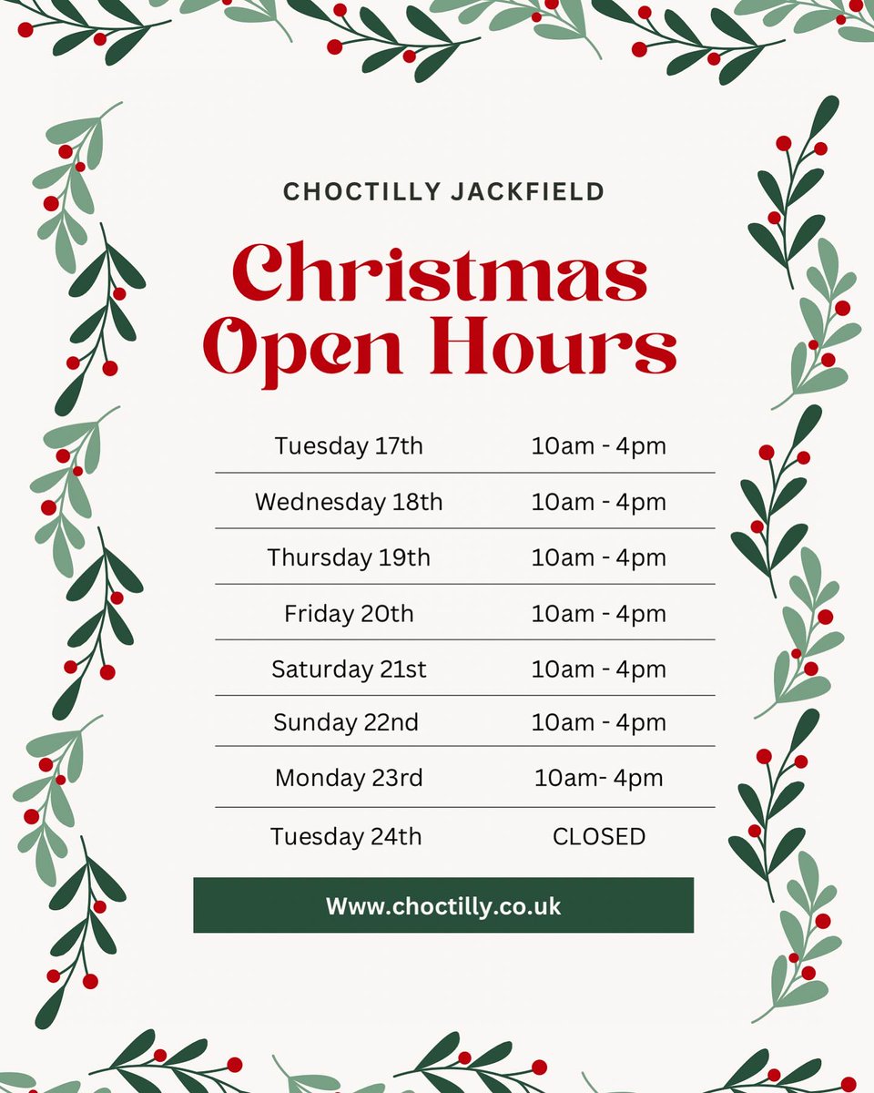 ✨M A W S C R A F T C E N T R E S T O R E✨

We have added some additional shopping days to our calendar BUT please note we will be totally shut down until the new year from 4pm on Monday 23rd December at our #Jackfield location.

Get your ordered in 

#choctilly #christmas