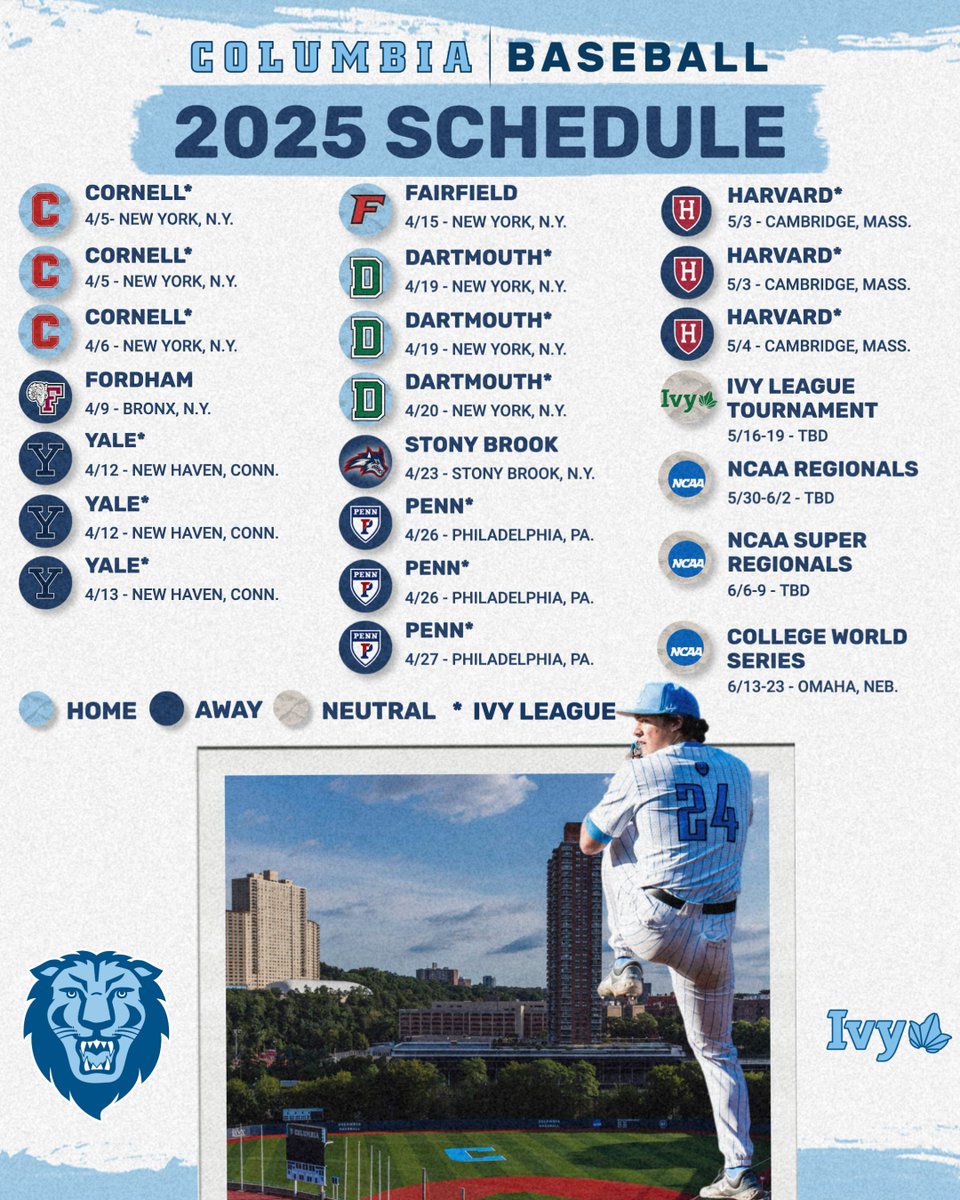 Announcing our 2⃣0⃣2⃣5⃣ schedule‼️

⚾️ Opening Day - Feb. 21 at Kennesaw State
⚾️ Home Opener - March 22 vs. Brown
⚾️ Alumni Day - April 19 vs. Dartmouth

📰🔗: tinyurl.com/27a2nlhs

#RoarLionRoar🦁 // #OnlyHere🗽