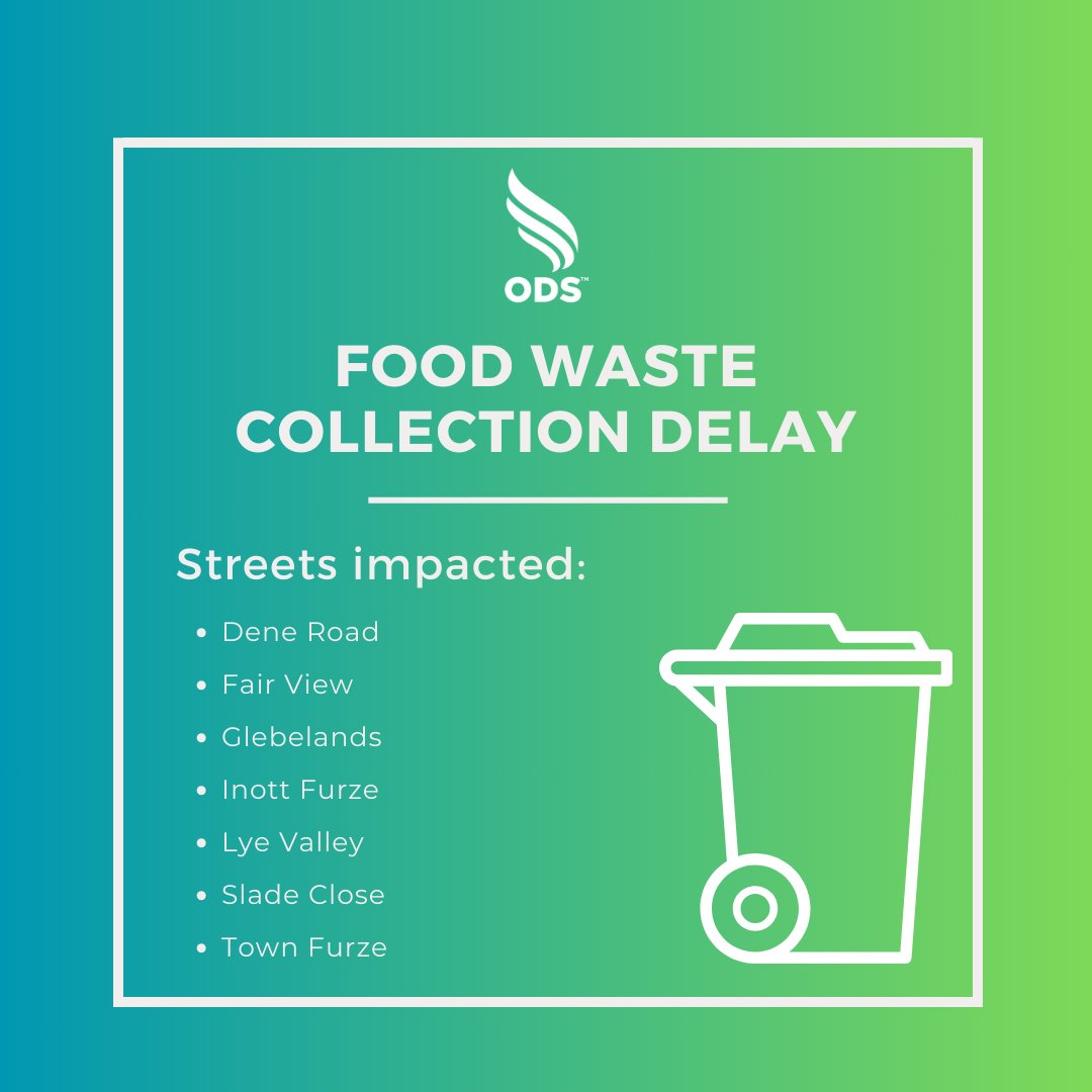 Due to a road traffic accident, some food waste collections have been delayed. If your bin wasn't collected, please leave it out – our crews will collect it ASAP🚛

Streets impacted:
📍Dene Road
📍Fair View
📍Glebelands
📍Inott Furze
📍Lye Valley
📍Slade Close
📍Town Furze
