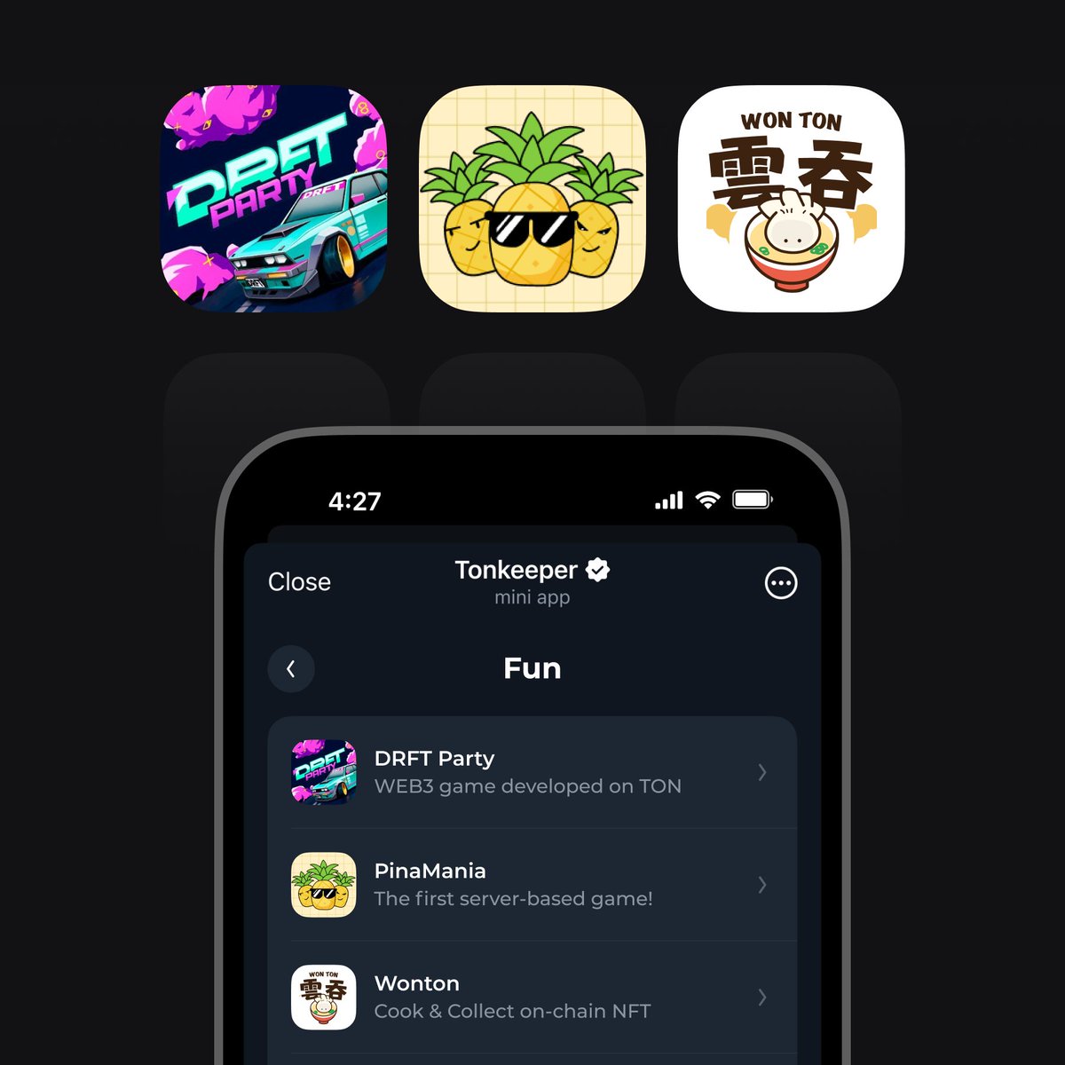 keeper_wallet's tweet photo. 🧵 New Minigames in the Tonkeeper Browser!🎮

Three new adventures await: drift, cook, and conquer in @Drft_Party , @WONTONorg , and @PinaManiaX . 

Explore the Tonkeeper Browser and start playing! ⤵️ https://t.co/WM6kP1Pi7Z