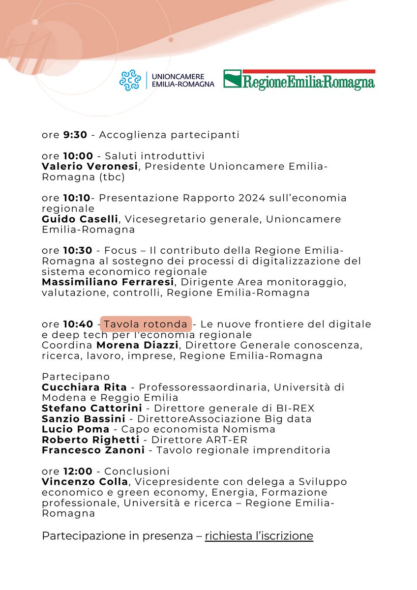 Rapporto annuale sull’economia regionale 2024 
📅Data: Giovedì 19 dicembre 2024, ore 9:30  
📍Luogo: Regione Emilia-Romagna, Sala 20 maggio 2012, Viale della Fiera 8, Bologna 
L’evento si terrà in presenza. 
Per prenotarsi: shorturl.at/4H5bu
PROGRAMMA 👇