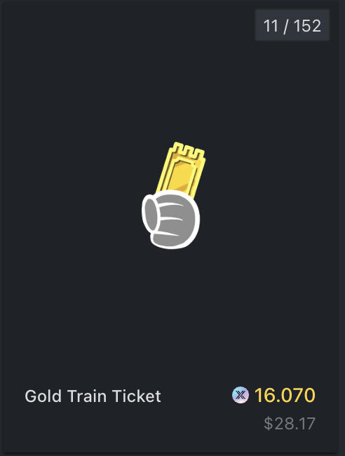 Do you have your Golden Ticket yet?

Its the ONLY way to host The Mystery Express

📧 Only 152 minted so far 
📈 Selling for $28 on Tokentrove
🎁 Or get it in the Holiday Collection 
🎡 Or try for a rare chance on the Daily Spin

Remember, hosting &amp; playing in the Mystery Express