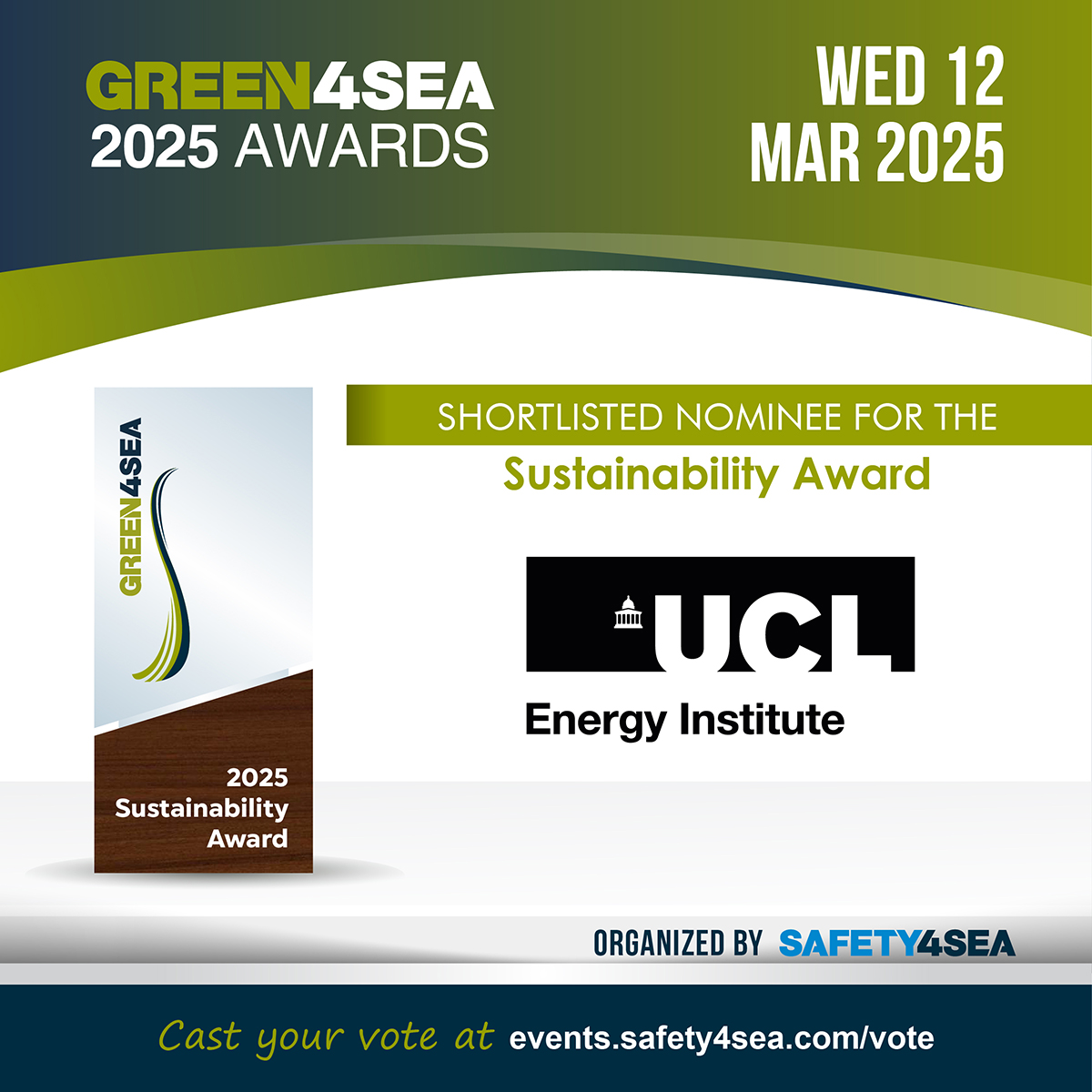 UCL Energy Institute (@ucl_energy) on Twitter photo The UCL Energy Institute has been shortlisted for the <a href="/safety4sea/">SAFETY4SEA</a> 2025 awards! 🎉 Congratulations to all the team who are pushing for a green agenda and innovation in the shipping sector 🚢 🌎
Find out more and cast your vote ➡️ bit.ly/3BzTonM
<a href="/TheBartlettUCL/">The Bartlett</a> The UCL Energy Institute has been shortlisted for the <a href="/safety4sea/">SAFETY4SEA</a> 2025 awards! 🎉 Congratulations to all the team who are pushing for a green agenda and innovation in the shipping sector 🚢 🌎
Find out more and cast your vote ➡️ bit.ly/3BzTonM
<a href="/TheBartlettUCL/">The Bartlett</a>