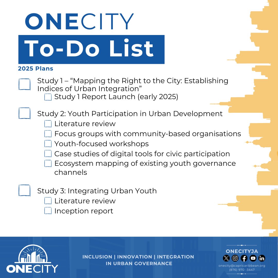 OneCityJA's tweet photo. Here's an update on our #OneCityJa to-do list! We’ve achieved a lot in 2024 and look forward to more exciting work in 2025. Stay connected to follow our journey.
#UrbanResearch #UrbanInnovation #UrbanIntegration #UrbanGovernance #FuturePlanning https://t.co/rVjYxA85pc