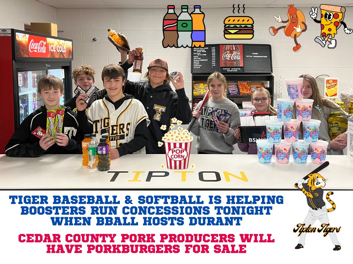 TiptonBaseball's tweet image. Tiger Baseball and @softball_tipton will helping with concessions tonight as our Basketball teams face Durant.   @OrmsbyGriffin