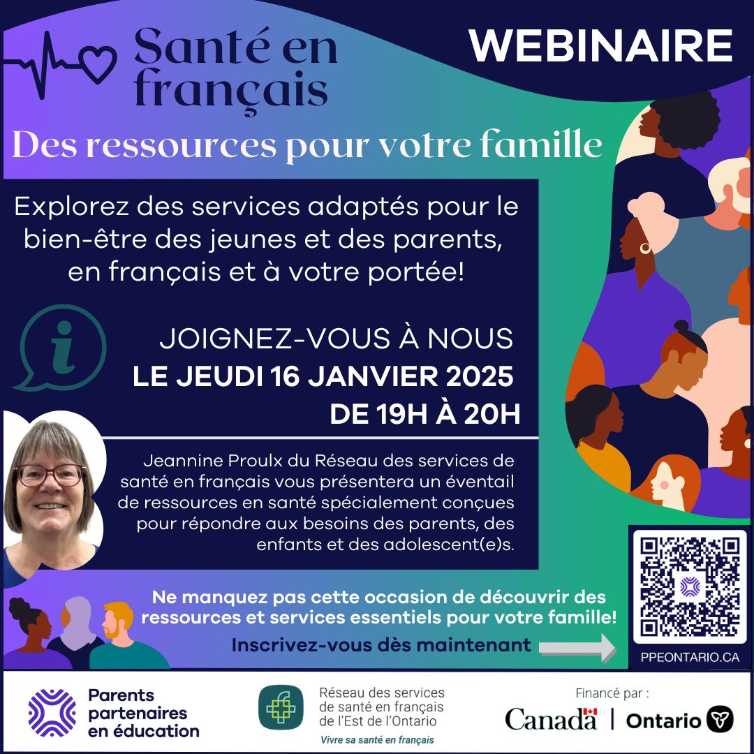 📅 À vos agendas!

En collaboration avec Parents partenaires en éducation, participez à un atelier interactif le 16 janvier 2025 pour découvrir des services adaptés au bien-être des jeunes et des familles, en français! 

📍 Inscrivez-vous   buff.ly/3ZE2Xu6