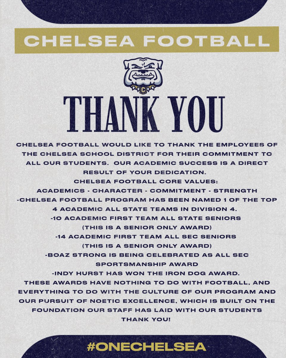 ChelseaFB_SEC's tweet photo. Chelsea Football would like to thank the entire staff of the Chelsea School District @ChelseaSchools for their hard work and dedication to our students.  Without you, our student athletes academic success wouldn't be possible.  #NoeticExcellence #OneChelsea https://t.co/2Cd4DR1jYF