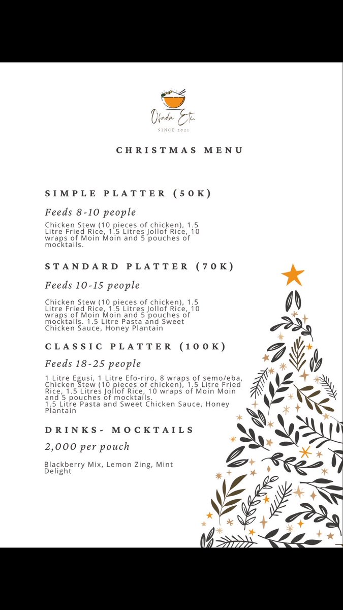 eunicebillions's tweet photo. Today’s a good day to patronize me.
I make absolutely amazing meals at the most affordable rates.

Our Christmas menu is affordable and great for sharing.
Location is Akoka.
Details in the flyer below❤️

Cc: @ofadaetc https://t.co/UKN77S9vqY