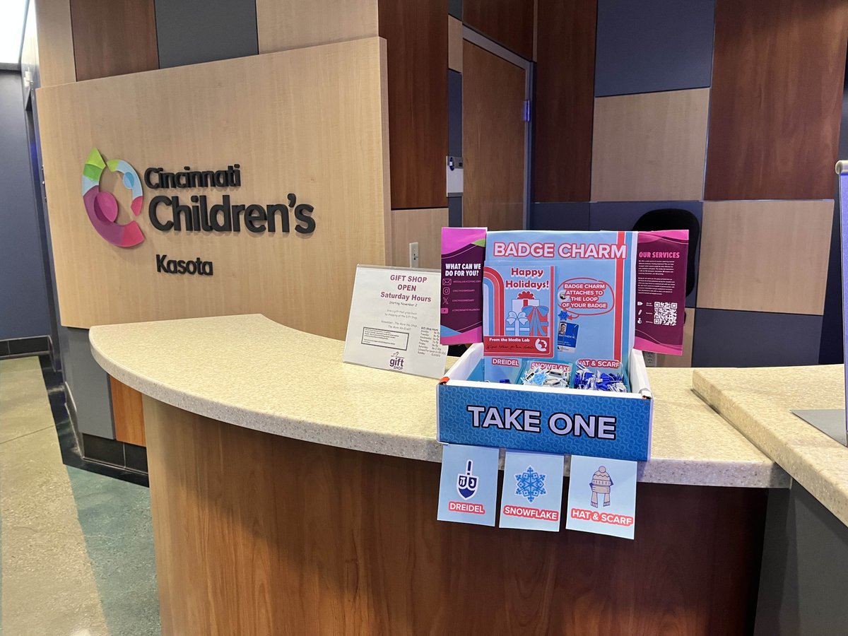 Cincinnati Children's Media Lab (@cincykidsmedart) on Twitter photo Come get a FREE winter badge charm in Kasota today! We have snowflakes, hats and scarves, and dreidels. We also offer Custom badge designs for you and your team! DM or email us at medialab@cchmc.org to get started. Come get a FREE winter badge charm in Kasota today! We have snowflakes, hats and scarves, and dreidels. We also offer Custom badge designs for you and your team! DM or email us at medialab@cchmc.org to get started.