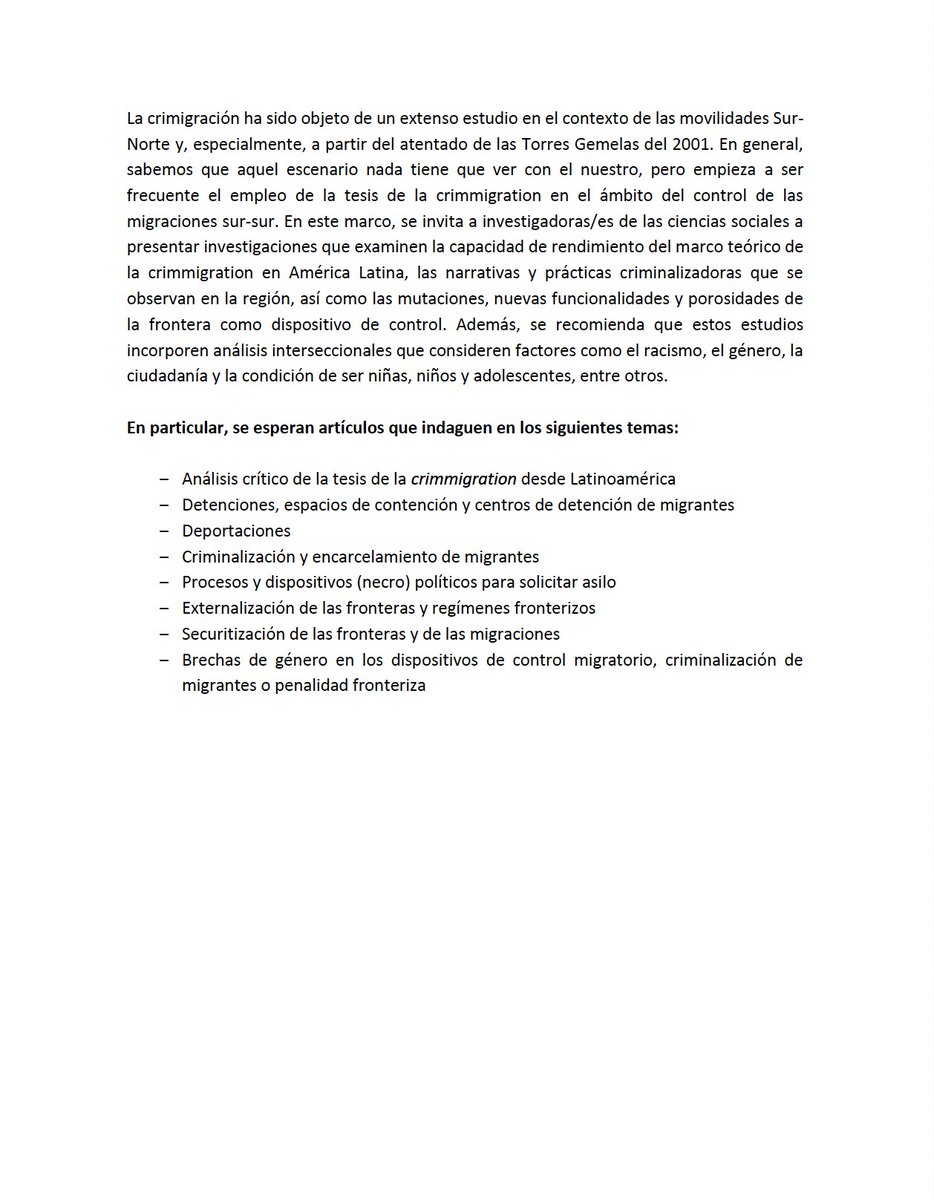 #Call4Papers para Revista Périplos número especial
¿Crimigración en América Latina? Narrativas y prácticas sobre la criminalización de la movilidad humana desde el Sur global"
#crimmigration

<a href="/NarrativasFront/">Narrativas de Fronteras</a> 
<a href="/MigraFrontSur/">Migraciones y Fronteras Sur-Sur</a>
