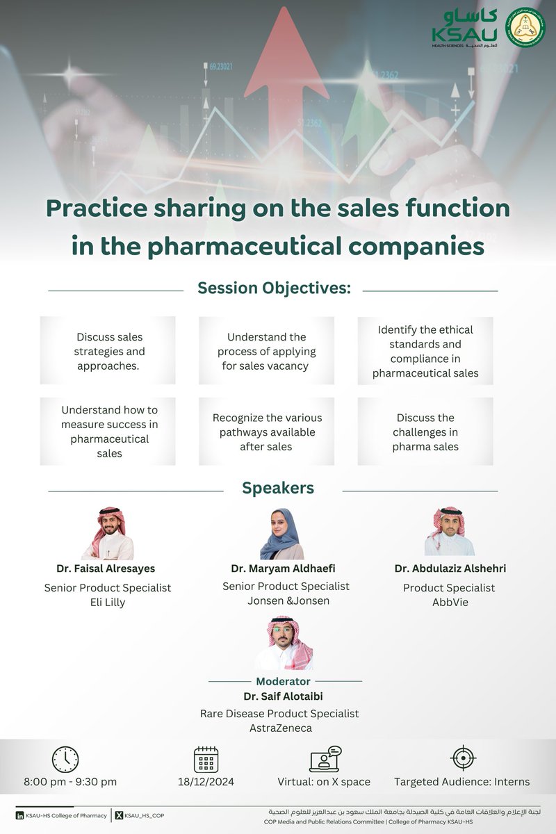 KSAU_HS_COP's tweet photo. شاركونا غداً في مساحة على منصة اكس لمشاركة الخبرات في مجال #شركات_الأدوية من خلال #مجلس_الخريجين_الثقات.

موعدنا غداً في تمام الساعة ٨ مساءً (⏰)

#كاساو 
#جامعة_لصحة_وطن https://t.co/GfDA0PFHW5