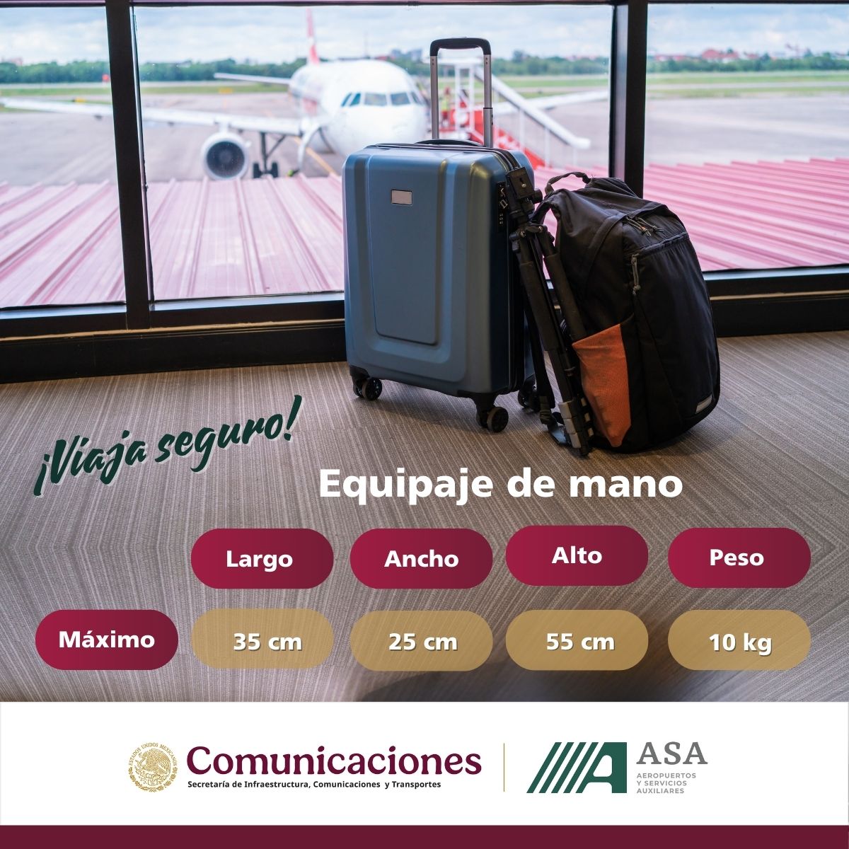 ASAMexico_mx's tweet photo. #ViajaSeguro Si viajas en avión verifica las dimensiones de tu equipaje para evitar cargos adicionales. Si tu maleta de mano excede el tamaño permitido podrías enfrentar tarifas inesperadas y costosas. Consulta con tu aerolínea #ASATips https://t.co/IRmqJ4pIJO