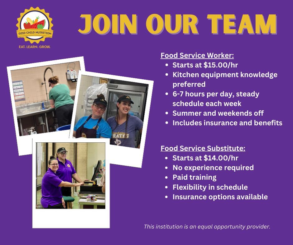 GISD Child Nutrition is hiring food service workers and substitutes! Apply at buff.ly/3YVPDAq. If you have any questions, feel free to reach out at 817-408-4085.