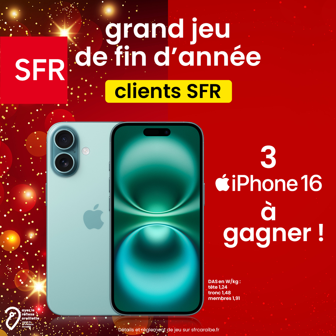 [CONCOURS CLIENTS SFR]

Chers clients, retrouvez notre grand jeu de fin d’année, 3 iPhone 16 sont à gagner !🤯

Pour tenter votre chance jusqu’au 31/12, c'est par ici 👉jeu-sfrcaraibe.fr/megajump-finan…

Un gagnant par département. 
Bonne chance à tous ! 🍀