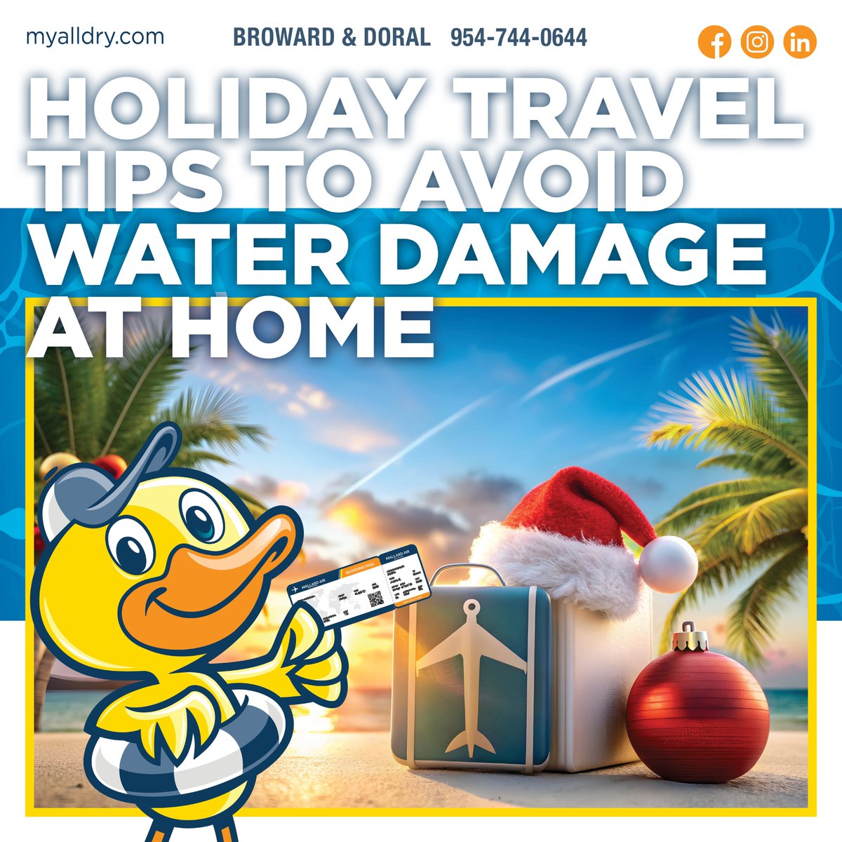 AllDoral's tweet photo. Holiday Travel Tips To Avoid Water Damage At Home
• Check your plumbing. • Adjust your thermostat. 
• Consider shutting off the main water supply. • Clean gutters and downspouts. • Inspect your sump pump.
• Finally, ask a trusted neighbor or friend to check on your home. https://t.co/HUZDqgobEL