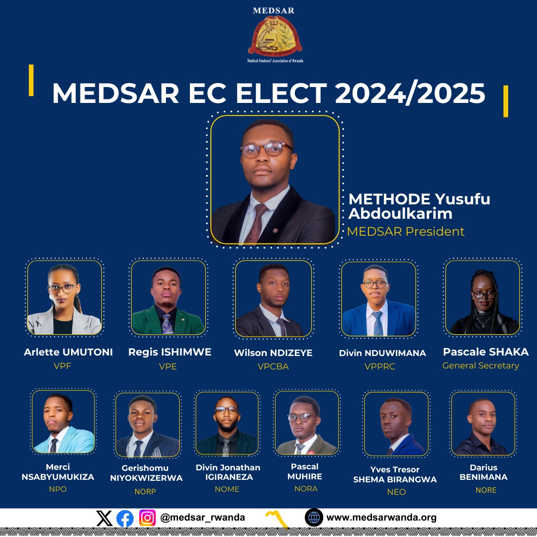 medsar_rwanda's tweet photo. Meet the MEDSAR EXECUTIVE COMMITTEE Elect 2024/2025! 🌟
Congratulations to the newly elected team led by President Methode YA.  Success in your journey.

We’re excited to continue working together under this dynamic leadership for betterment of MEDSAR.

#MEDSARDecides2024 https://t.co/6esqgPwd9F