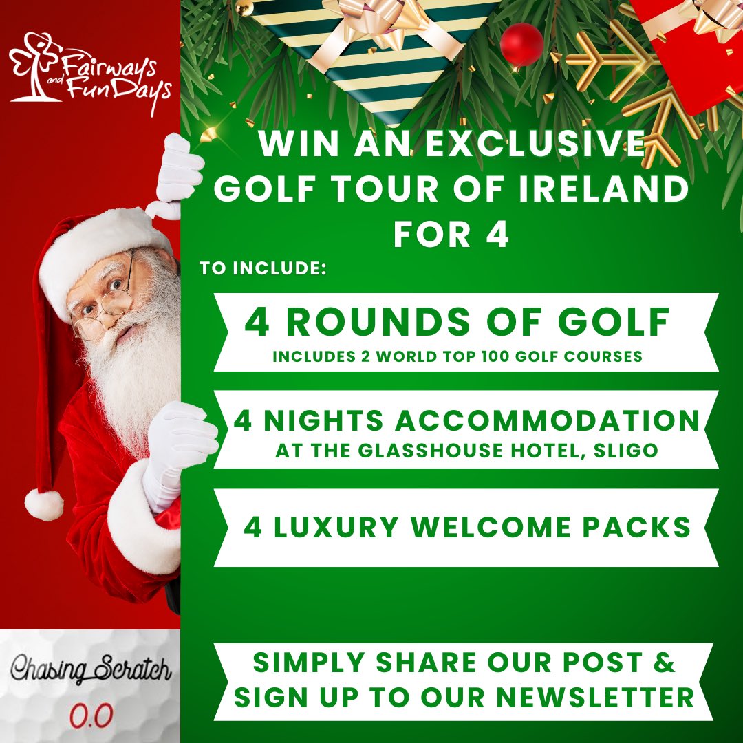 FairwaysFundays's tweet image. 🎄Day 12 of our 12 Days of Christmas🎄

⛳️🎅 Up for grabs today, we have an Exclusive Tour of Ireland for 4 People ⛳️🎅

This sensational tour includes;

⛳️ 4 rounds of Championship Links Golf
⛳️ 4 Nights at the stunning Glasshouse Hotel
⛳️ 4 Luxury Fairways &amp;amp; FunDays welcome…