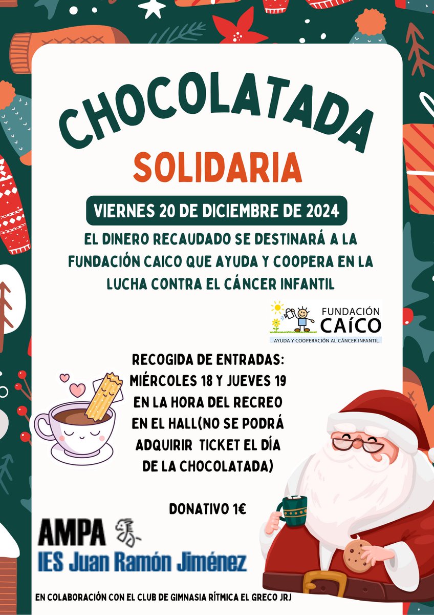 AmpaJRJ's tweet photo. Es el momento de disfrutar del merecido descanso con chocolate y churros, ambientado con la música de Sara y el CORO del Instituto. https://t.co/MCG5cSiDpa