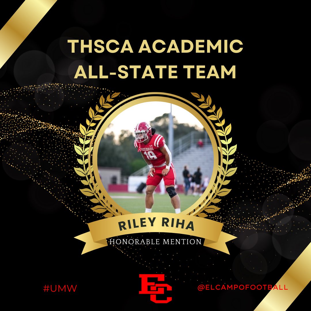 El Campo Ricebird Football (@elcampofootball) on Twitter photo Congratulations to Riley Riha for earning a spot on the THSCA Academic All-State Team as an Honorable Mention
#UMW <a href="/RileyRiha/">Riley Riha</a> Congratulations to Riley Riha for earning a spot on the THSCA Academic All-State Team as an Honorable Mention
#UMW <a href="/RileyRiha/">Riley Riha</a>