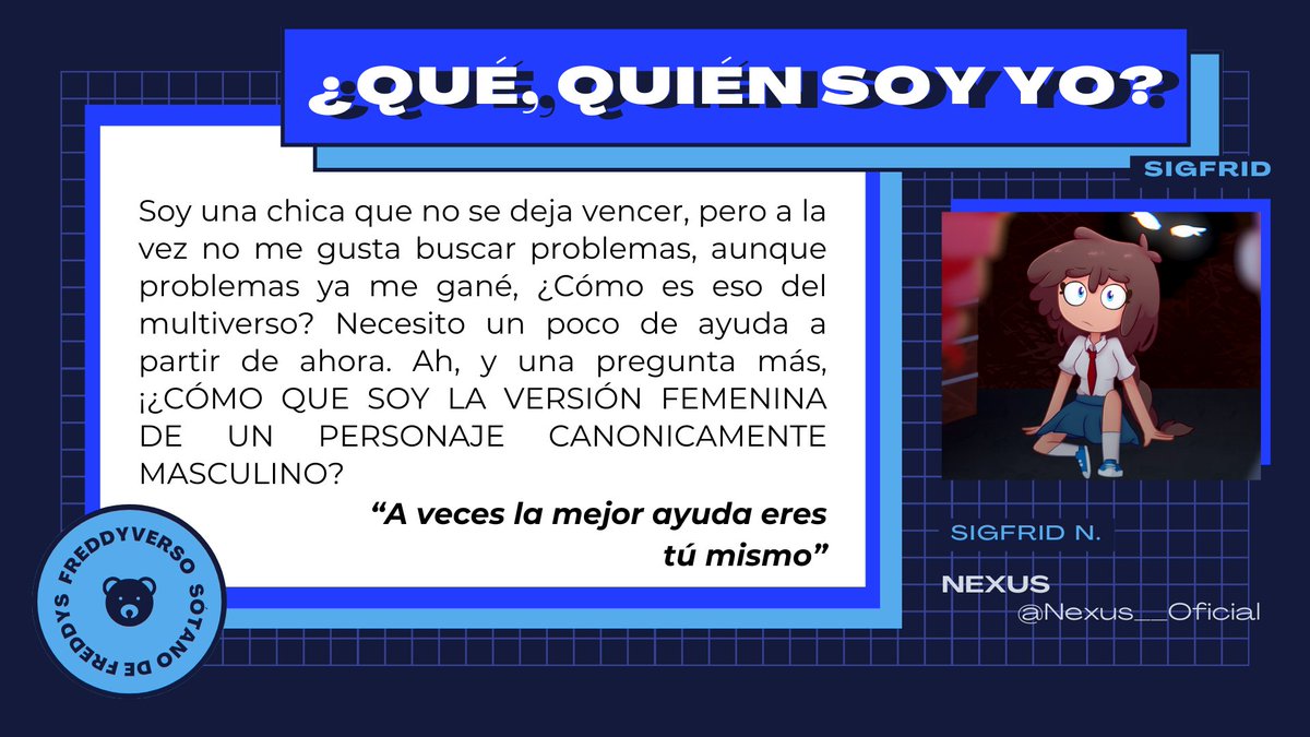 freddyverso's tweet photo. PRESENTACIONES FREDDYVERSO✨
#FNAFHS #FHS #FHSAU #FNAFHSAU #ElFreddyverso #Elsotanodefreddys 

AU: #Nexus #fhsnexus 
Diseño de ficha: @nill_strokes
Arte: @jhonyzsan

Presentación #16 - Nexus Sigfrid https://t.co/4OuQ9c9t6y