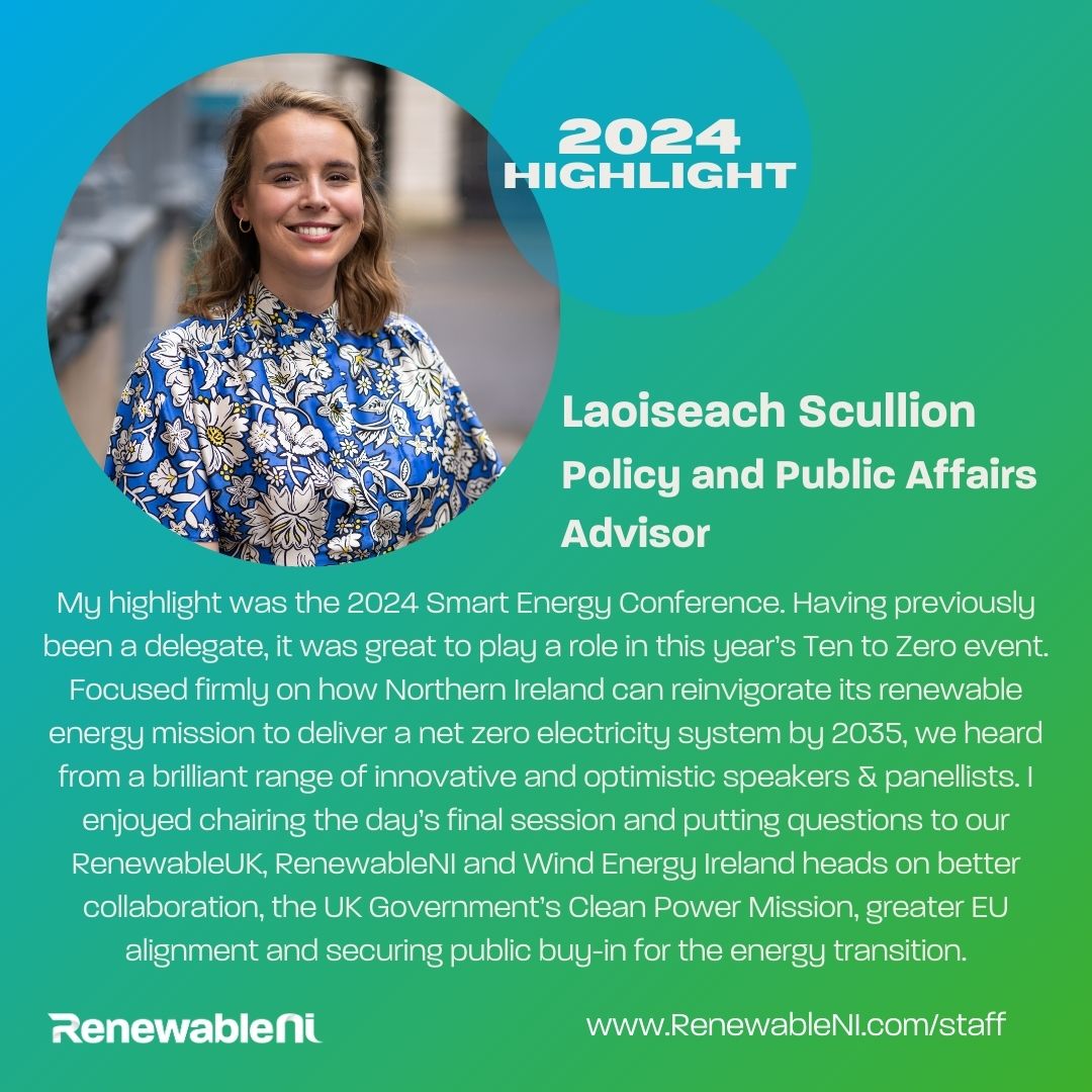 RenewableNI's tweet image. Our Policy and Public Affairs Advisor Laoiseach Scullion is next up to share her highlight of 2024. Playing a role in our Smart Energy Conference and chairing the final panel of the day!

#2024highlight #RenewableNI