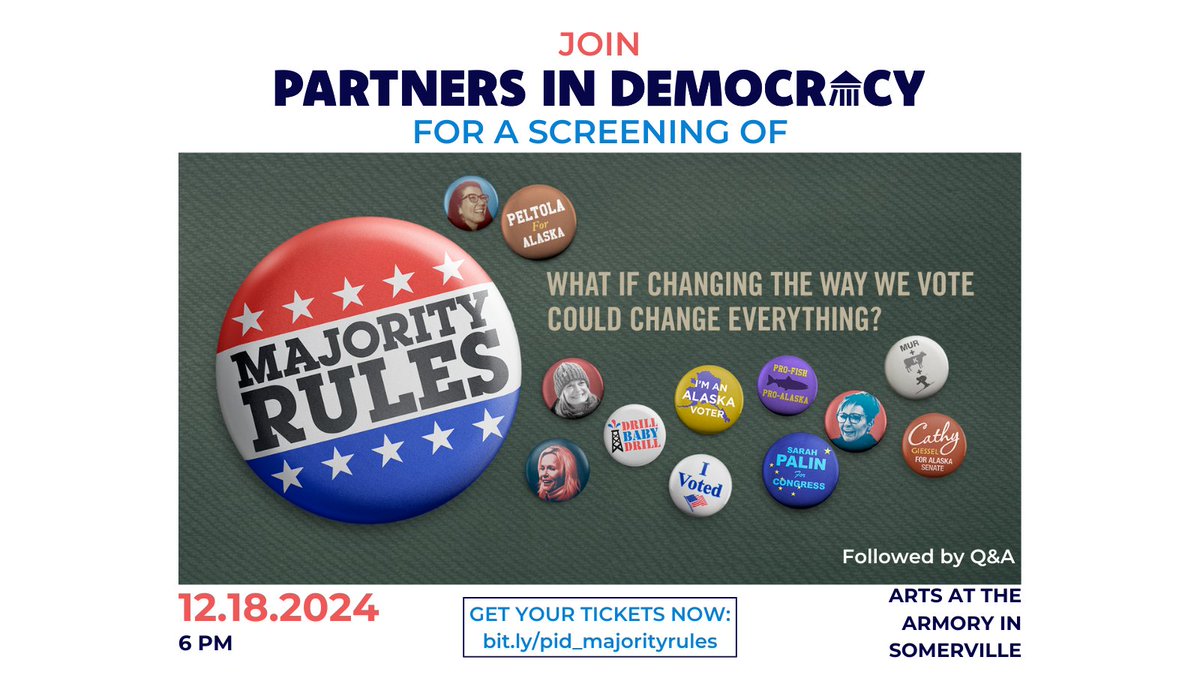 HAPPENING TOMORROW: Join us in Somerville for our screening of <a href="/MajorityRules24/">Majority Rules</a>, followed by a Q&amp;A with our founder <a href="/dsallentess/">Danielle Allen</a>! Don’t miss this powerful #DemocracyRenovation film — &amp; a chance to meet other democracy advocates! Get a ticket: bit.ly/pid_majorityru…