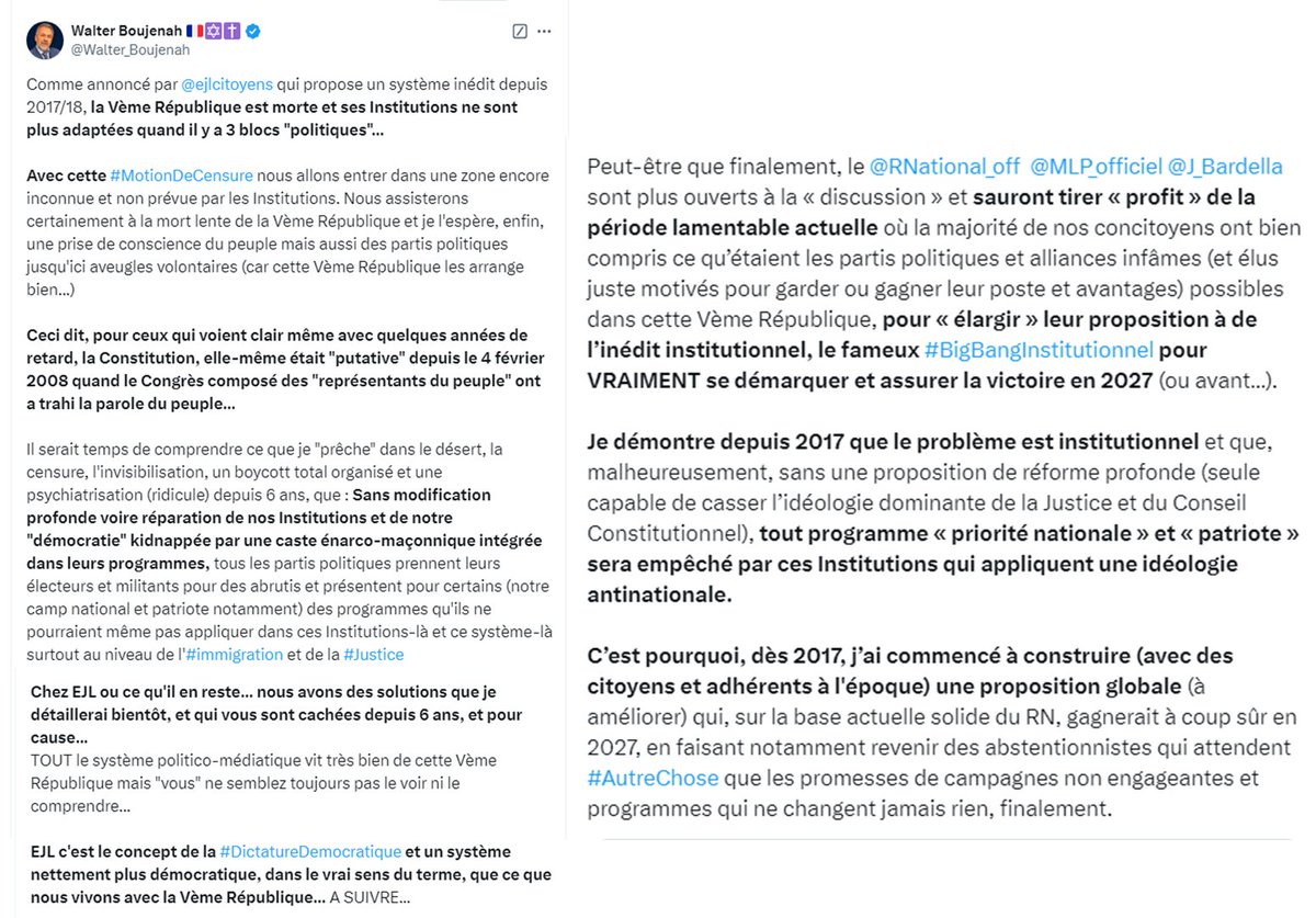 Walter_Boujenah's tweet photo. Donc... Il était temps que les Français prennent conscience de l'avant-gardisme d'@ejlcitoyens
📘
https://t.co/4Jw3mqrv53
Evidemment que c'est un problème de système et pas d'Hommes...
Vont-ils aussi s'apercevoir qu'aucun de leurs partis favoris ni politiciens ne proposent de VRAIS réformes de cette Vème et n'ont, à ce jour et contrairement à #EJLSYST, aucune alternative globale à proposer ?
📘
https://t.co/04zIkOdqdA
📘
https://t.co/oq88ndgOn6
Comprendront-ils pourquoi, depuis 6 ans, tous ces mêmes partis et politiciens boycottent EJL qui mettait le doigt sur le VRAI problème et leur "complicité" ?
Je pense que non, ILS continueront, comme leurs militants binaires, à me boycotter...