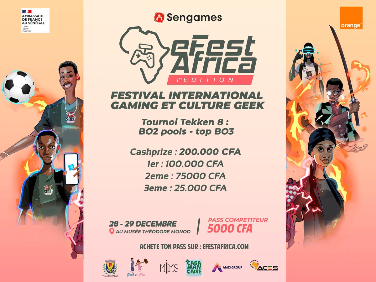 Entre dans l'arène  ! 
Les tournois officiels du E-Fest Africa sont là, et le programme est INCROYABLE ! 🚀

 EA FC ⚽ – Prêt à marquer l’histoire ?
 Fortnite – Qui sera le dernier debout ?
 Naruto – Maîtrisez votre chakra !
 Tekken 8 – Que le meilleur combo gagne !