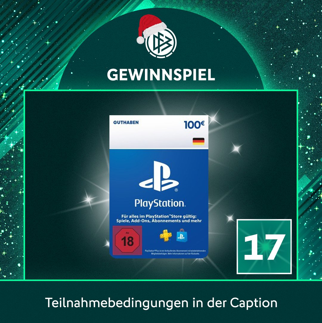 DFB-eSports (@dfb_esports) on Twitter photo Türchen 17 🎅
Gewinne 100€ Playstation Guthaben! 🔥
So einfach nimmst du teil:
1. Folgt <a href="/DFB_eSports/">DFB-eSports</a>!
2. Likt den Beitrag!
3. Kommentiert mit "Playstation"!
4. Retweetet diesen Beitrag!
Das Gewinnspiel endet am 22.12.2024, um 23:59 Uhr. Der/Die Gewinner/in wird per Türchen 17 🎅
Gewinne 100€ Playstation Guthaben! 🔥
So einfach nimmst du teil:
1. Folgt <a href="/DFB_eSports/">DFB-eSports</a>!
2. Likt den Beitrag!
3. Kommentiert mit "Playstation"!
4. Retweetet diesen Beitrag!
Das Gewinnspiel endet am 22.12.2024, um 23:59 Uhr. Der/Die Gewinner/in wird per