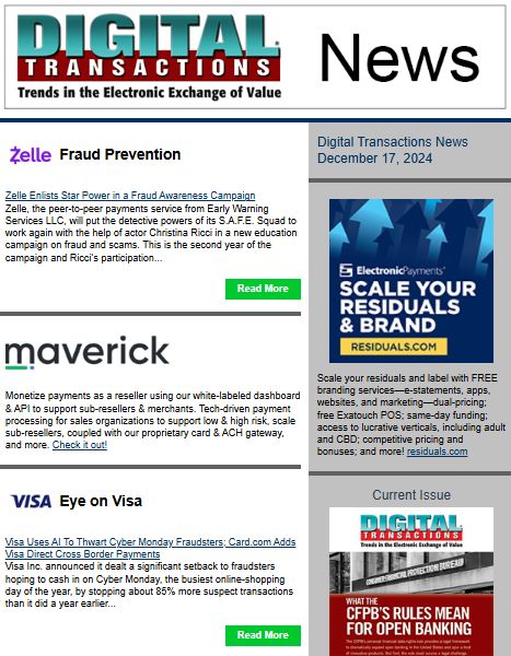 DTPaymentNews's tweet photo. Today's Digital Transactions News: Zelle’s S.A.F.E. Squad at it Again; Eye on Visa; Card Concepts Settles with PayRange
https://t.co/cncAQbBUeN
#payments #Zelle #ChristinaRicci #SAFESquad #P2Ppayments #fraudprevention #phishing #Visa #CyberMonday #ecommerce #crossborderpayments https://t.co/E77QkUq97O