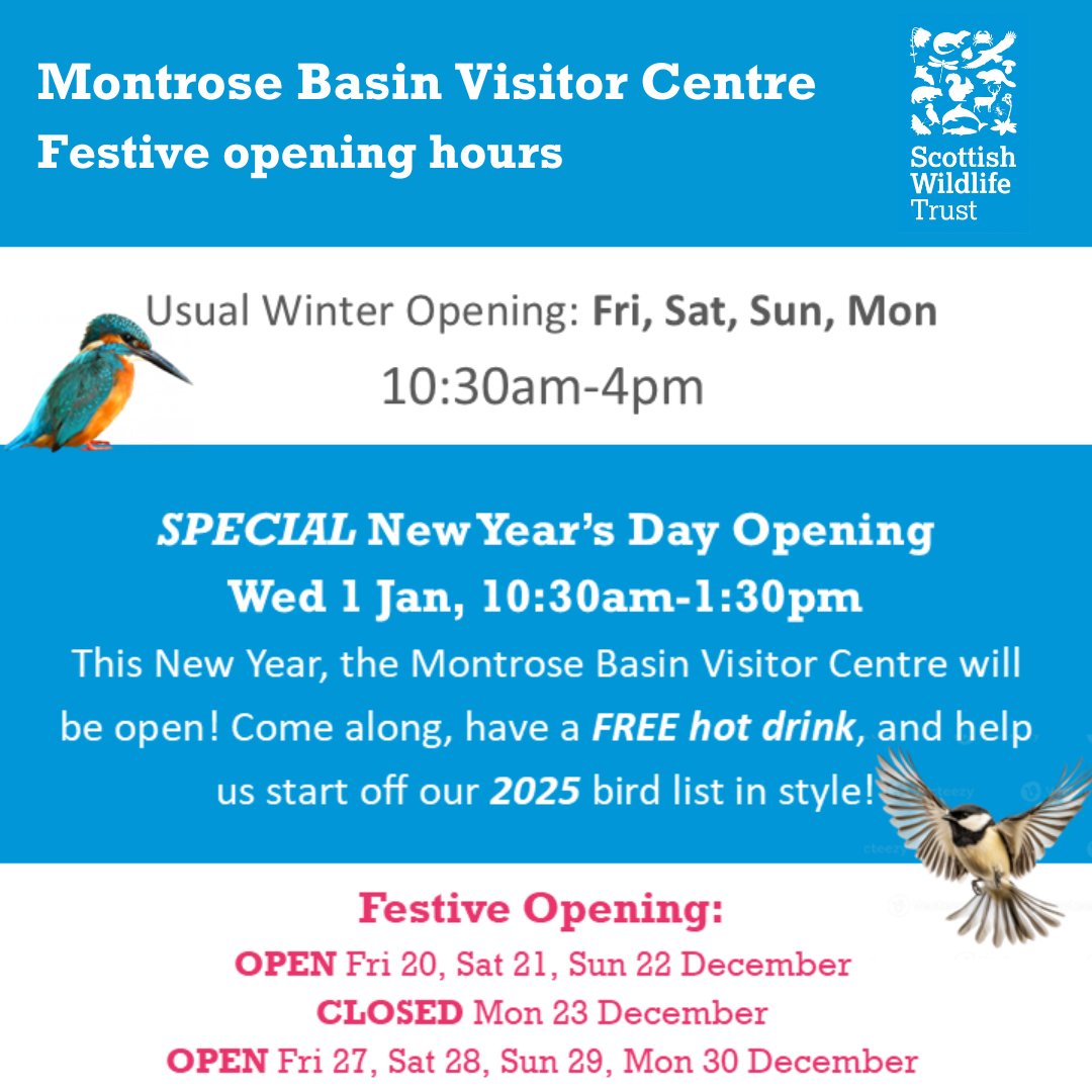 Scottish Wildlife Trust (@scotwildlife) on Twitter photo Just a reminder that our <a href="/MontroseBasin/">Montrose Basin Wildlife Reserve</a> Visitor Centre will be opening up on New Year's Day from 10:30am - 1:30pm.
Join our brilliant team on Wednesday 1 January for a free hot drink and start the New Year off with a view! 🎉
#Scotland #wildlife #NewYear Just a reminder that our <a href="/MontroseBasin/">Montrose Basin Wildlife Reserve</a> Visitor Centre will be opening up on New Year's Day from 10:30am - 1:30pm.
Join our brilliant team on Wednesday 1 January for a free hot drink and start the New Year off with a view! 🎉
#Scotland #wildlife #NewYear