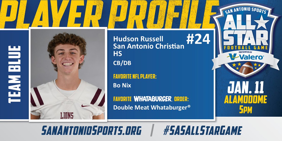 Meet <a href="/HudsonRussell10/">Hudson Russell 🦚</a> from <a href="/sacs_athletics/">SACS Athletics</a> who will compete in the San Antonio Sports All-Star Football Game pres. by <a href="/ValeroEnergy/">Valero</a> at the Alamodome on Jan. 11! #SASAllStarGame <a href="/Whataburger/">Whataburger®</a> <a href="/BoNix10/">Bo Nix</a> 

<a href="/SACSFootball/">SACS Football</a> 
<a href="/AustinSmithey/">Austin Smithey</a>