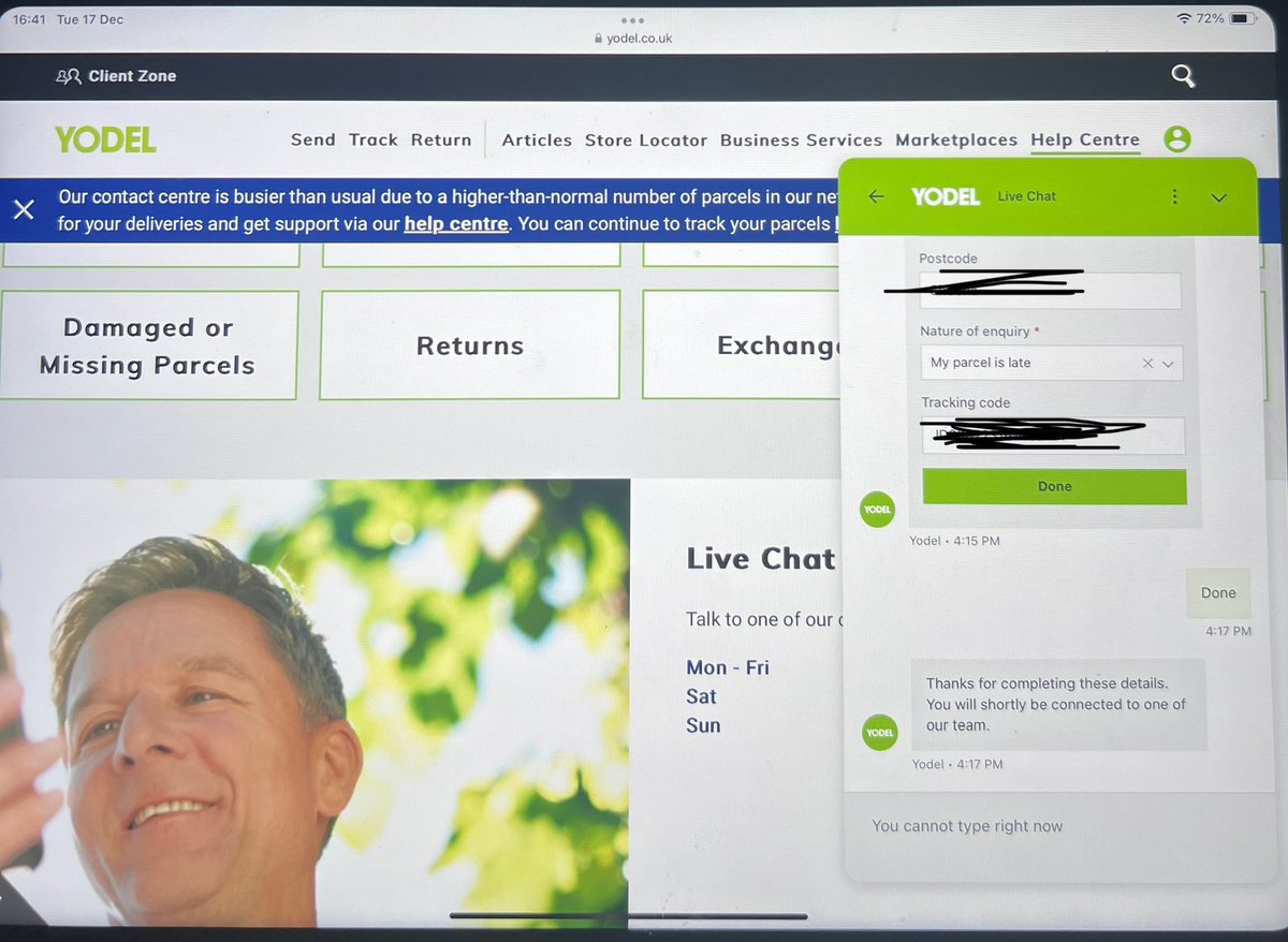 Mark_Adams84's tweet photo. @YodelOnline Just to let you know, in you Live Chat on the website, I think it’s either broken or there is a big lag as I’ve been sat here for over 20 mins on the “Live Chat” but not yet connected to anyone?? 
Also in the Yodel handbook, how long does the term “shortly” define?? https://t.co/O0tLBeVp6J