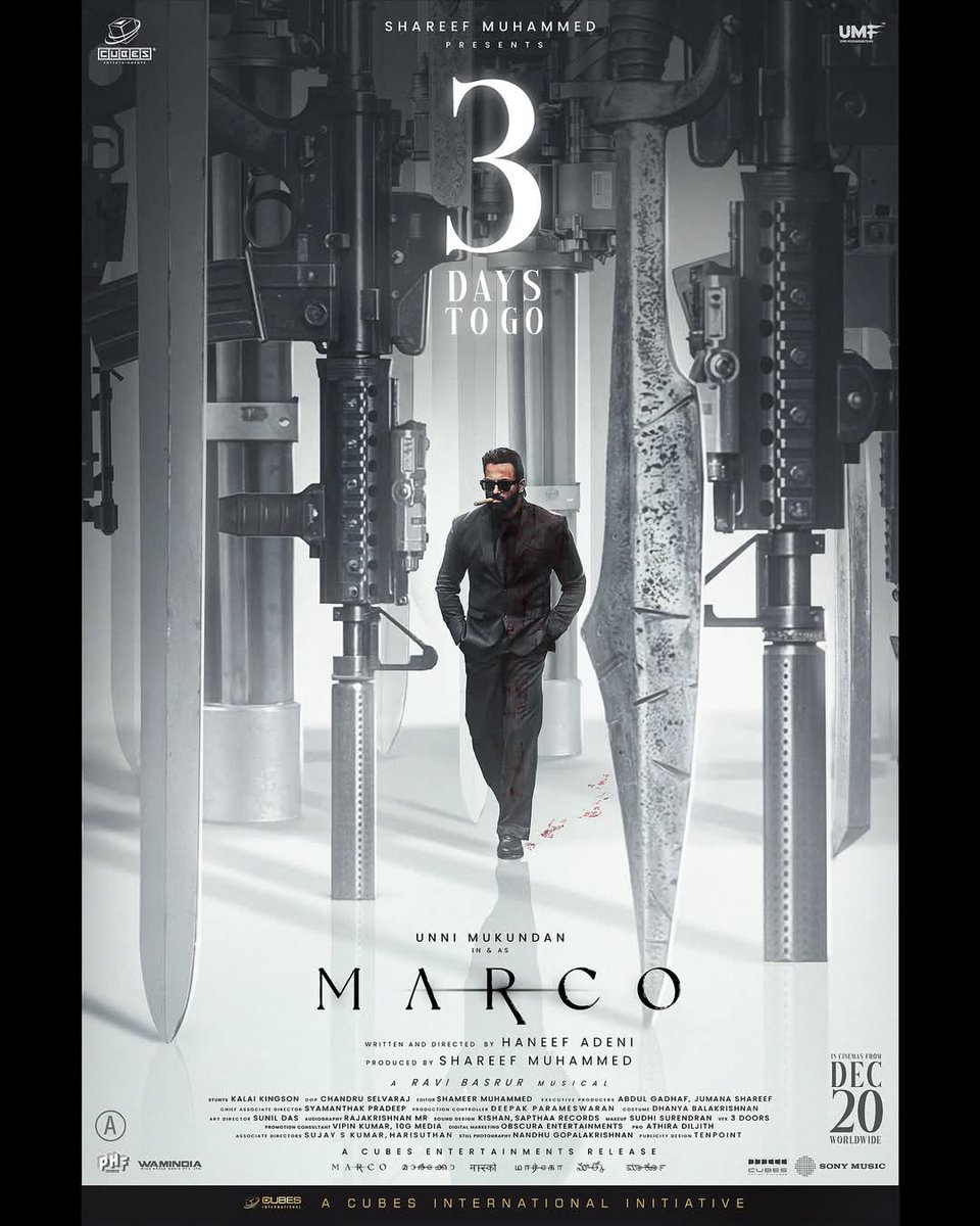 FrinilF's tweet image. 3 days to Go🔥
Are you Ready for #Marco 
Bookings open Now ! 

#MarcoDec20 | #UnniMukundan
