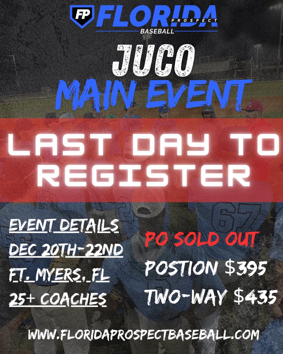 🚨LAST DAY🚨 We will shut down registration tomorrow at 12pm to finalize the rosters for the 10th Annual JUCO MAIN EVENT.

If you are a 2025 looking for a school to go to next fall to continue your baseball journey. JUCO needs to be something you look at.

#uncommitted