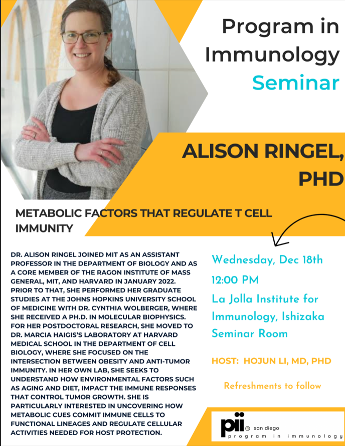 Program in Immunology (@immunologyucsd) on Twitter photo The Program in Immunology welcomes Dr. Alison Ringel <a href="/alisoneringel/">Alison E Ringel</a> from <a href="/MITBiology/">MIT Biology</a> and <a href="/ragoninstitute/">Ragon Institute</a>. Please join us for her seminar on Wednesday December 18! The Program in Immunology welcomes Dr. Alison Ringel <a href="/alisoneringel/">Alison E Ringel</a> from <a href="/MITBiology/">MIT Biology</a> and <a href="/ragoninstitute/">Ragon Institute</a>. Please join us for her seminar on Wednesday December 18!