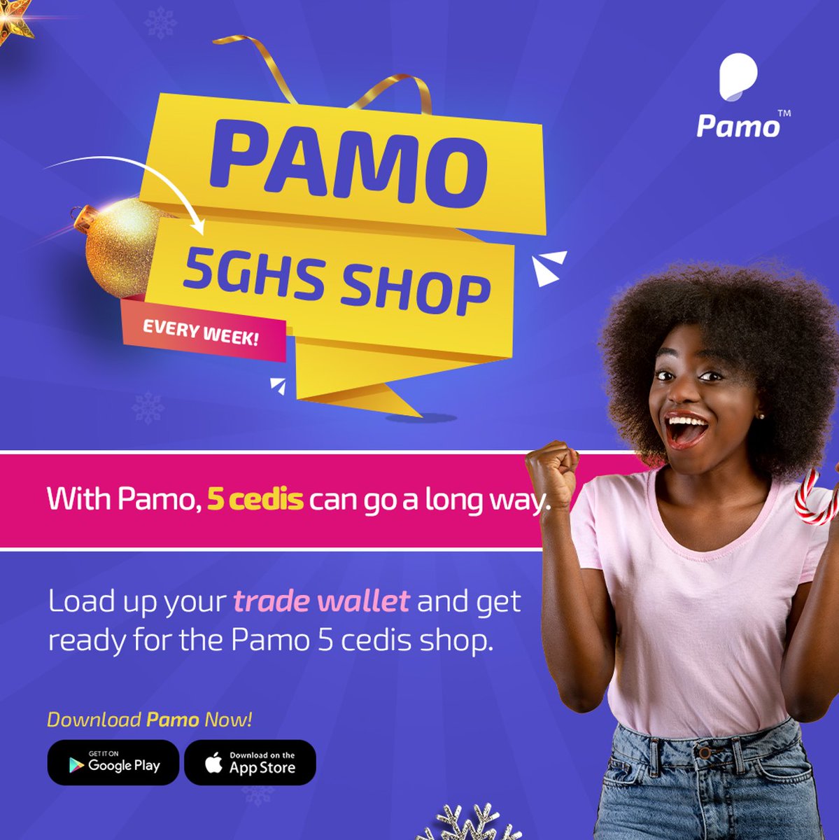 With Pamo, your festive shopping just got sweeter! 🎉🎄
Load up your trade wallet and stay ready. The Pamo 5 Cedis Shop is coming! 👛

Don’t have Pamo yet, download it now! 😎🎉
If you already do, now’s the best time to update it!🤩