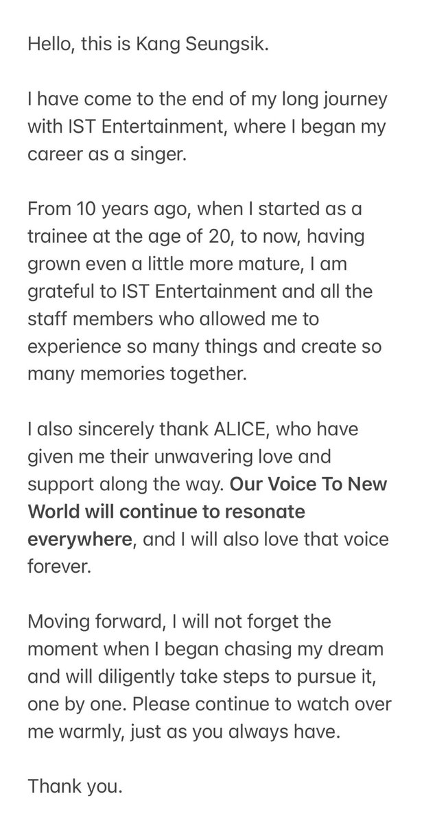 KSEUNGSlK's tweet photo. 241217 Seungsik Letter regarding the Termination of his contract with IST Ent.

"Our Voice to New World will continue to resonate everywhere, and I will also love that voice forever"

🥹💙💛🩷

#VICTON #빅톤 #강승식 #승식 https://t.co/YkuMntzLO7