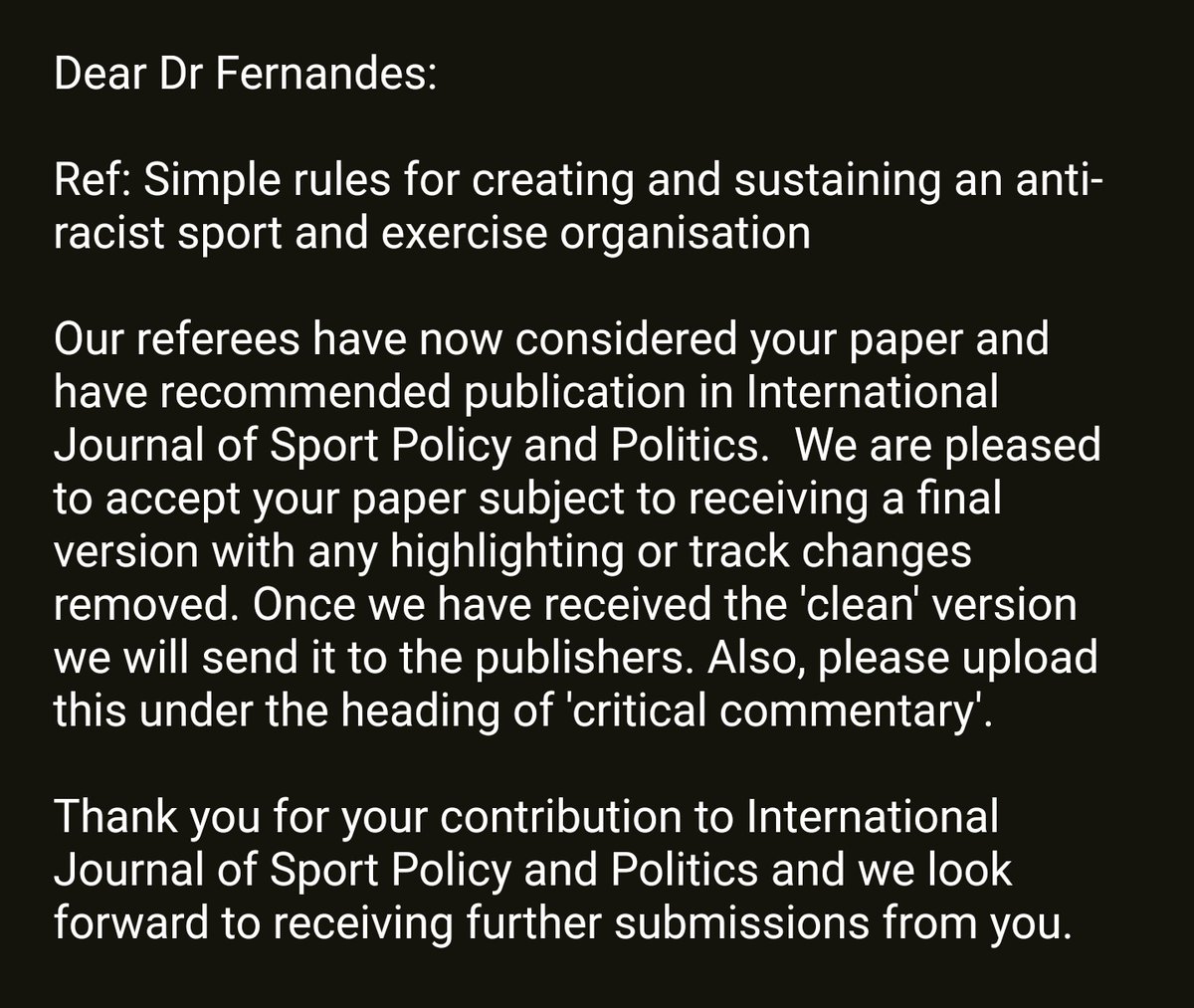 Dr John Fernandes (@drjftfernandes) on Twitter photo Proud to have our paper "Simple rules for creating and sustaining an anti-racist sport and exercise organisation" accepted after 3 years development!
<a href="/PeteOlusoga/">Dr Pete Olusoga</a> <a href="/ShakibaMoghadam/">Dr Shakiba Moghadam | شکیبا</a> <a href="/SASturridge/">Savannah Sturridge</a> <a href="/drls250/">Leisha Strachan</a> <a href="/nicolekeithphd/">NiCole Keith</a> <a href="/Shrink330/">Craig Brown, M.A., M.B.A., B.Sc.</a> <a href="/EdEqServices/">Institute for Educational & Social Equity</a> <a href="/EPMPodcast/">EightyPercentMental</a>
researchgate.net/publication/38… Proud to have our paper "Simple rules for creating and sustaining an anti-racist sport and exercise organisation" accepted after 3 years development!
<a href="/PeteOlusoga/">Dr Pete Olusoga</a> <a href="/ShakibaMoghadam/">Dr Shakiba Moghadam | شکیبا</a> <a href="/SASturridge/">Savannah Sturridge</a> <a href="/drls250/">Leisha Strachan</a> <a href="/nicolekeithphd/">NiCole Keith</a> <a href="/Shrink330/">Craig Brown, M.A., M.B.A., B.Sc.</a> <a href="/EdEqServices/">Institute for Educational & Social Equity</a> <a href="/EPMPodcast/">EightyPercentMental</a>
researchgate.net/publication/38…