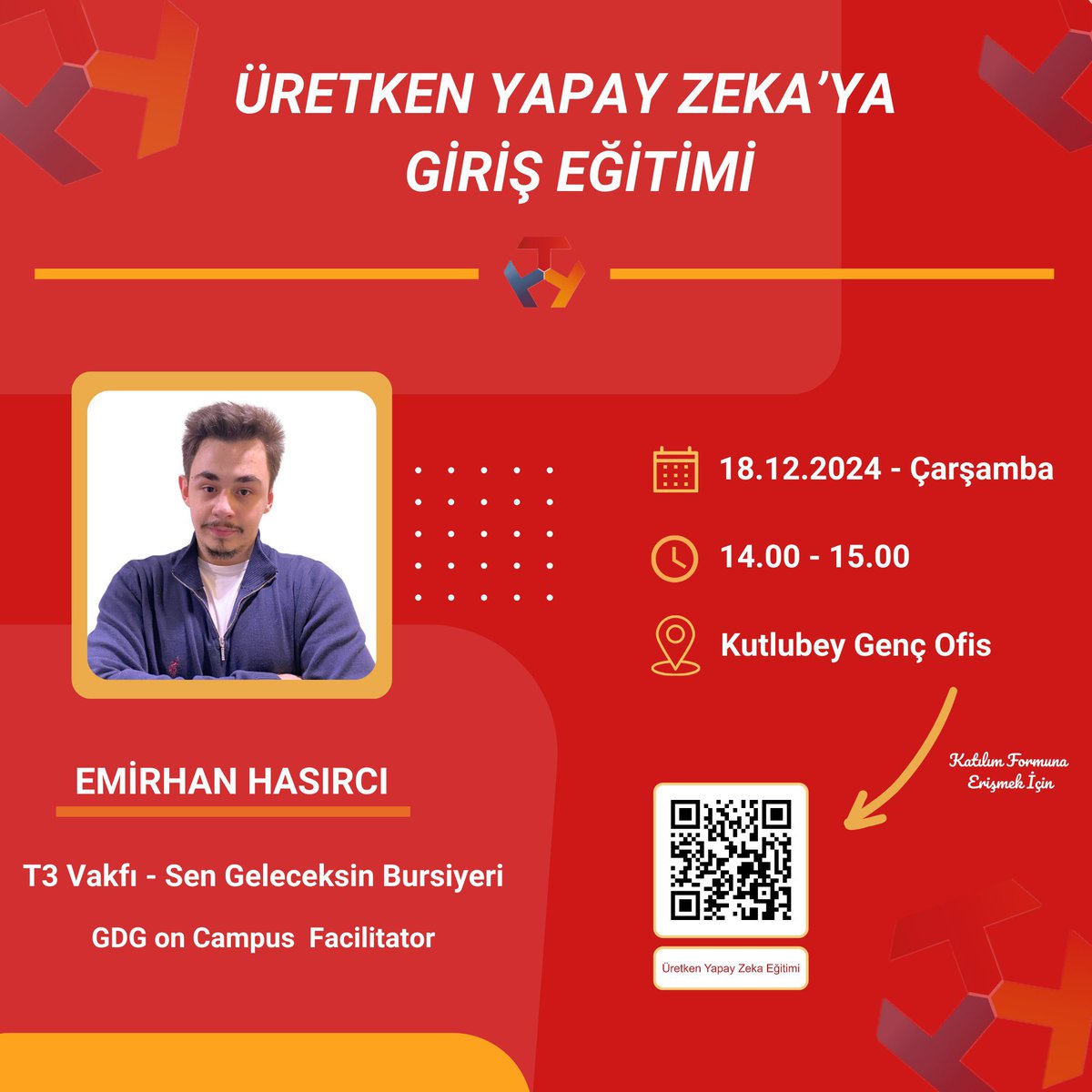 Değerli  Gönüllülerimiz,
Eğitimlerimize kaldığımız yerden devam ediyoruz. Kampüsü Genç Ofis de, T3 Vakfı Sen Geleceksin Bursiyerimiz ,GDG on Campus Facilitator Emirhan Hasırcı bizler için Üretken Yapay Zeka'ya Giriş  eğitimi verecektir.  Eğitime katılımlarınızı bekliyoruz. 💫💫