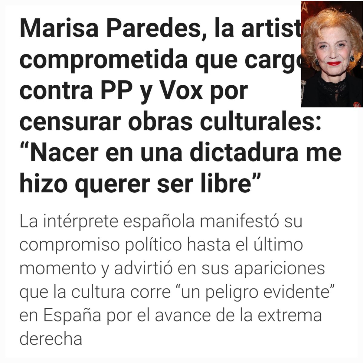 Hoy ha fallecido Marisa Paredes. Aparte de gran actriz, siempre defendió los derechos y libertades.
Reconocida feminista, siempre alzó la voz contra la violencia machista, participó en el no a la guerra de Irak  y denunció el genocidio en Gaza entre otras muchas cosas.
D.E.P.