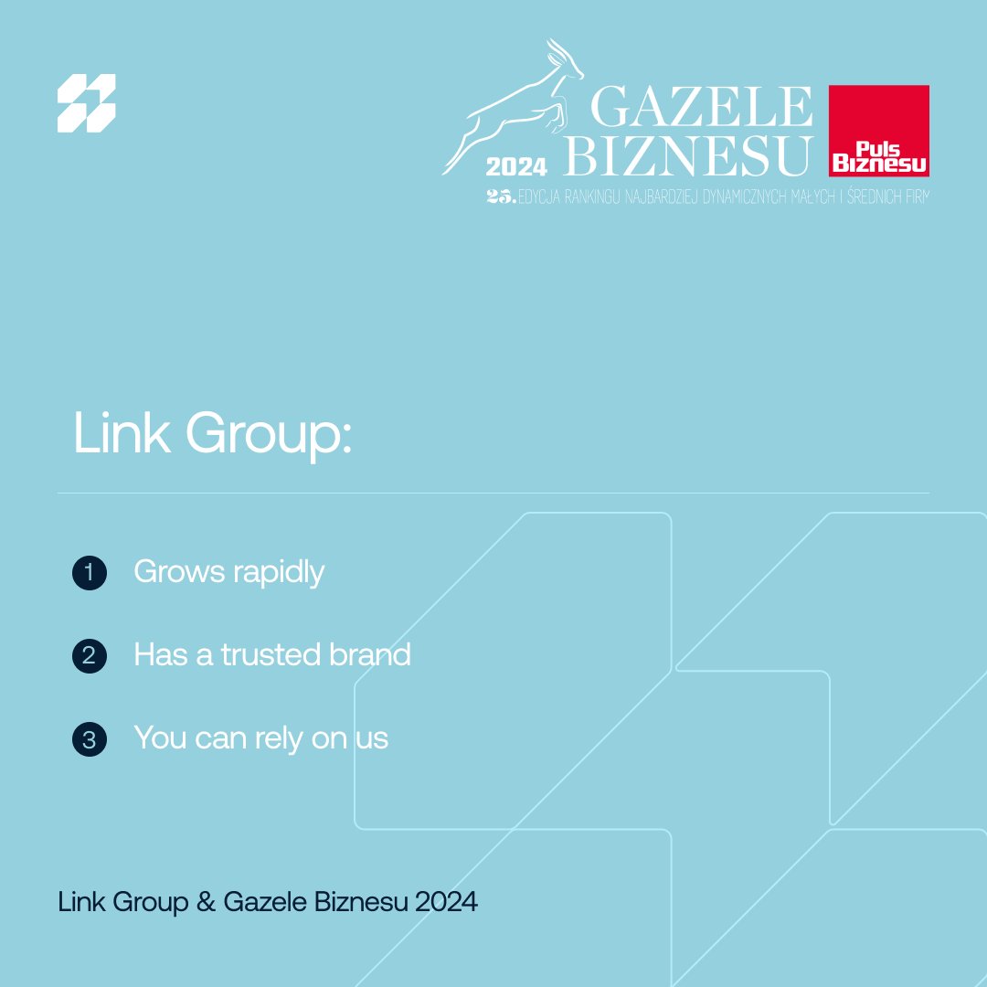 LinkGroup_co's tweet photo. We rush out with incredible news! Link Group has been recognized as one of the most dynamic Polish companies in the SME sector in the 25th edition of the Gazele Biznesu 2024 ranking!

Here are some stats:

✅ Compared to the results from three years ago, our revenue has increased by +120M PLN.

✅ Over the last three years, we have more than tripled the size of our team.

✅ Compared to the year before, our revenue has increased by over 50%, achieving a total growth of 367.76%.

✅ This is the 3rd consecutive year we’ve been honored with this prestigious distinction.

At Link Group, we remain committed to innovation, expansion, and building strong partnerships. Thank you for being part of our success. Here’s to another year of growth, collaboration, and excellence!

See more: https://t.co/giCGnUyPSB.

@puls_biznesu #awards #technologypartner