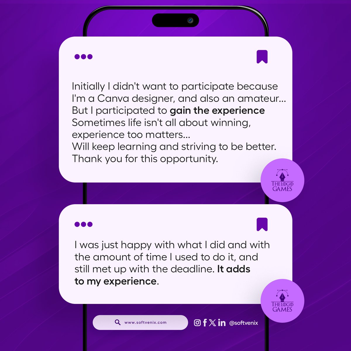 SoftVenix's tweet photo. Reminiscing on some of the amazing feedbacks we got from the 1st Edition of #TheLogoGames!
#Softvenix #DigitalAgency #DigitalMarketing #Graphicsdesign #WebDevelopment #ProductDesign #VideoEditing #ContentProduction #CorporateBranding #funnelBuilding https://t.co/Il6ihXnm48