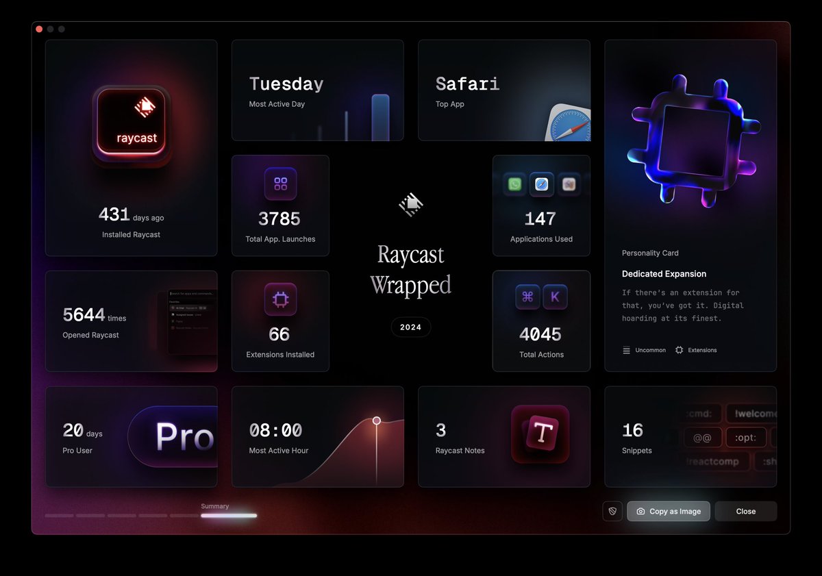 #RaycastWrapped2024 <a href="/raycastapp/">Raycast</a> <a href="/peduarte/">Pedro Duarte</a> 

this app is so fantastic