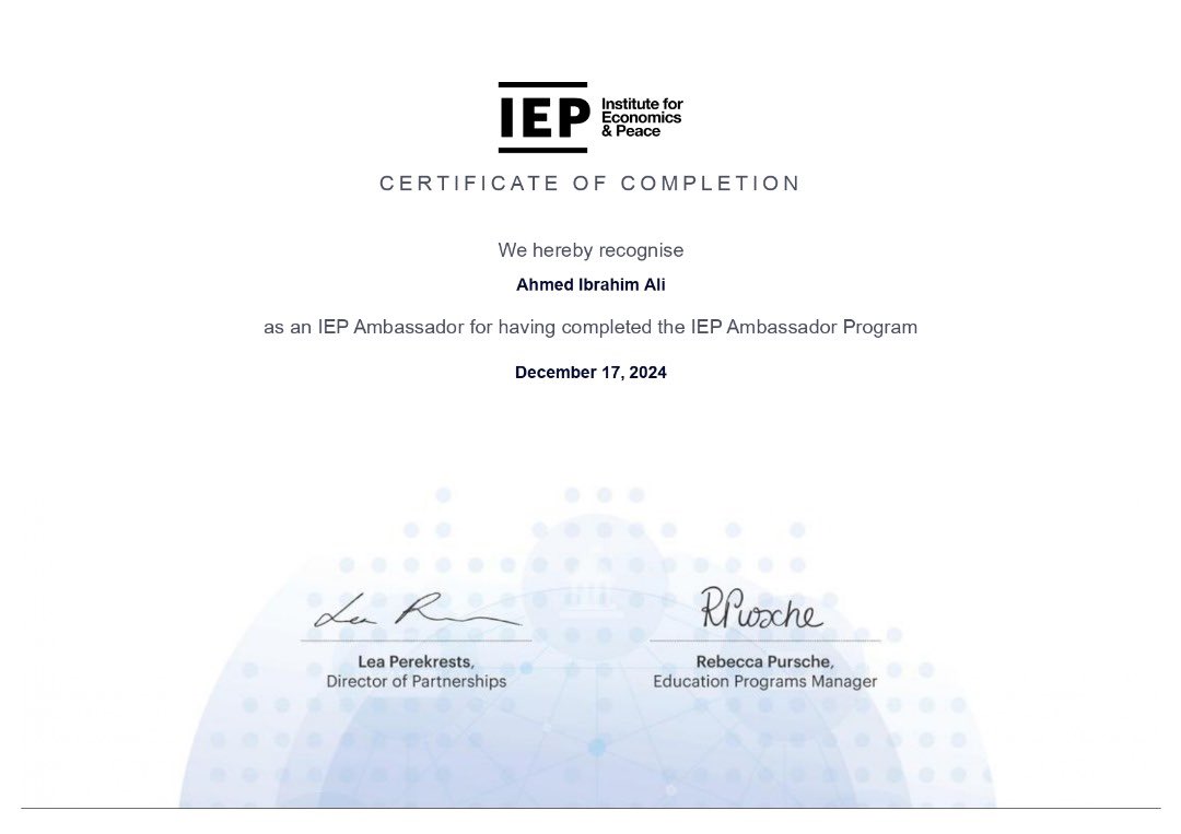 Excited 2 announce I officially become a certified #IEP Ambassador through the Institute for Economics &amp; Peace. After dedicating months to assignments &amp; diving into various modules, the journey has completely reshaped my understanding of peace <a href="/GlobPeaceIndex/">Global Peace Index</a> <a href="/Rotary/">Rotary International</a> #Somalia.